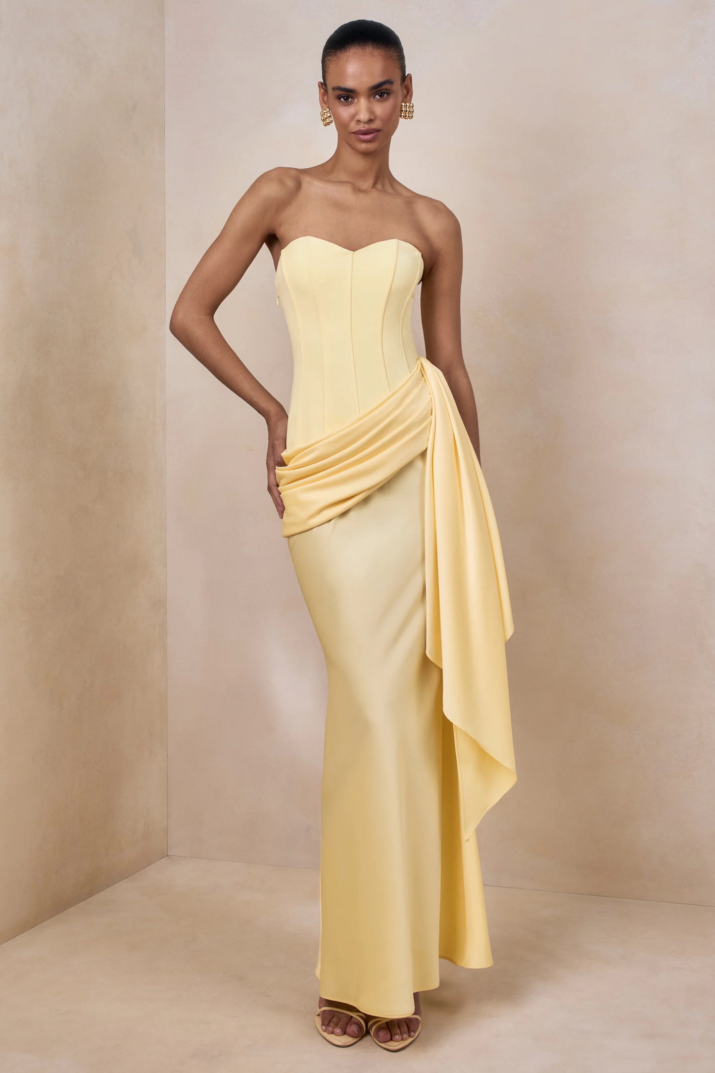 Nalira Lemon Satin Bandeau Maxi Dress With Draped Skirt