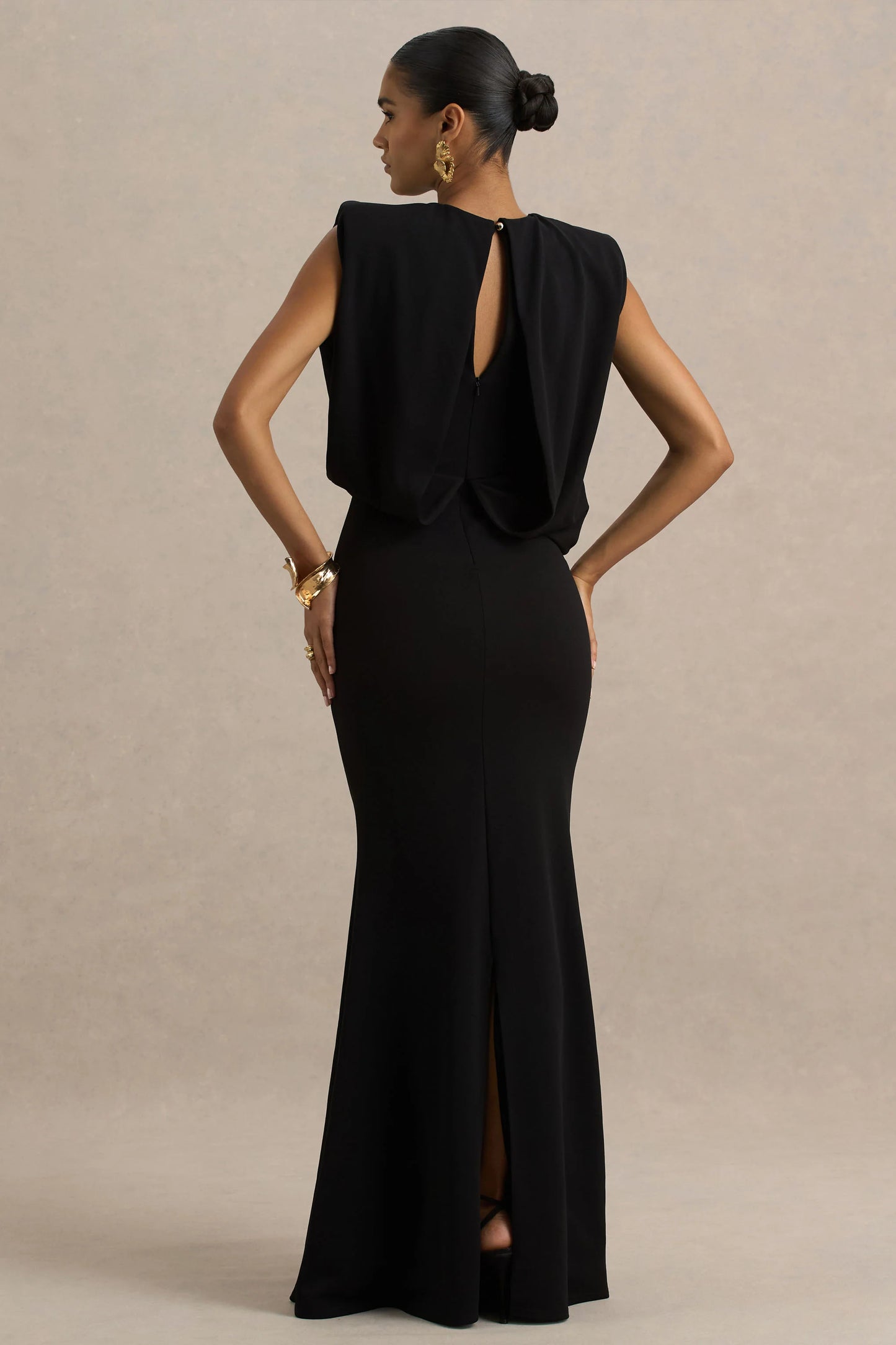 Meave Black Boat-Neck Maxi Dress With Draped Detail