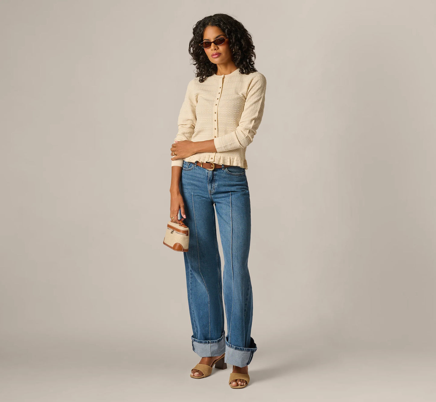 Ruffle Hem Cable Knit Cardigan Sweater In Cream