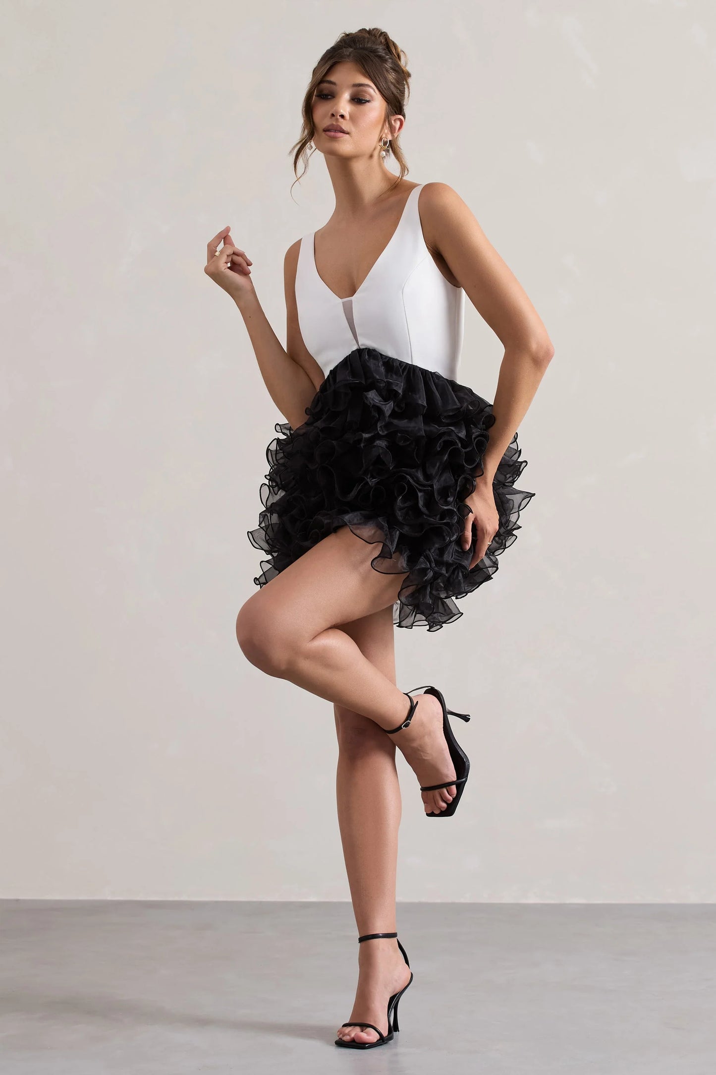 Riot Black & White Plunge-Neck Mini Dress With Organza Skirt