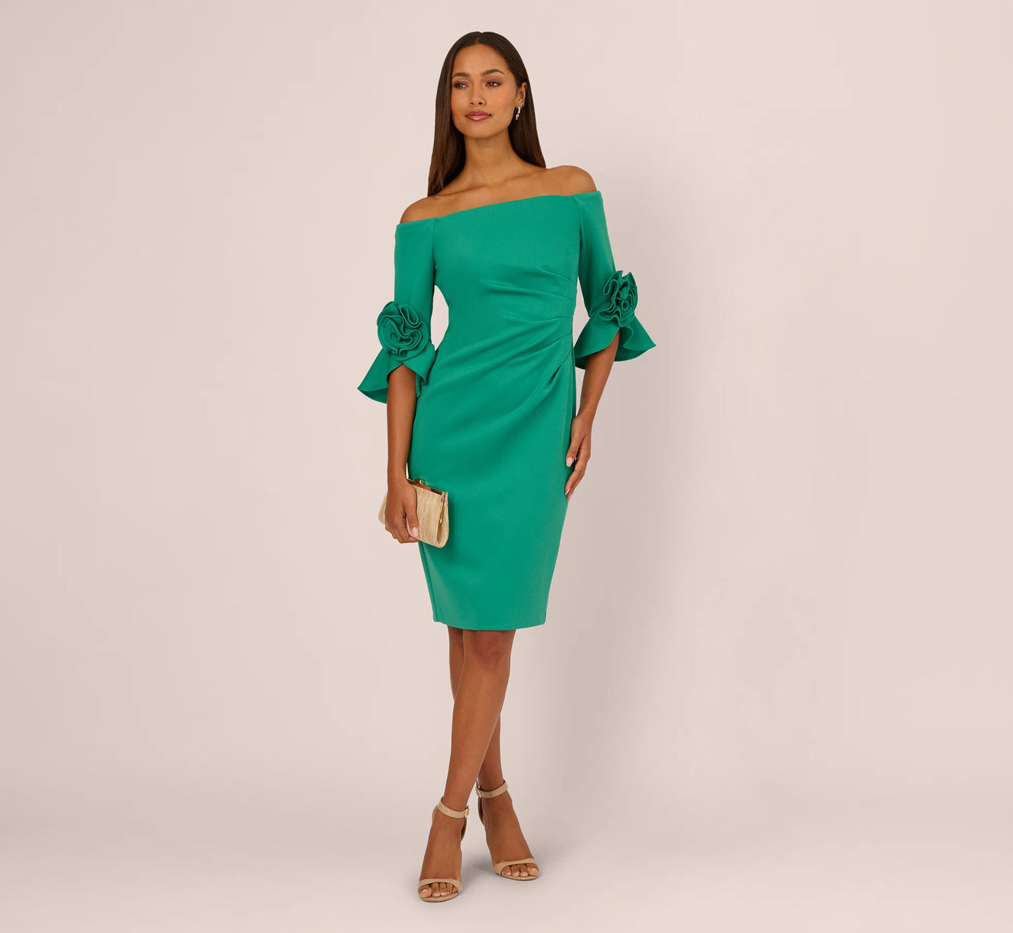 Off Shoulder Three Quarter Rosette Sleeve Cocktail Dress In Emerald