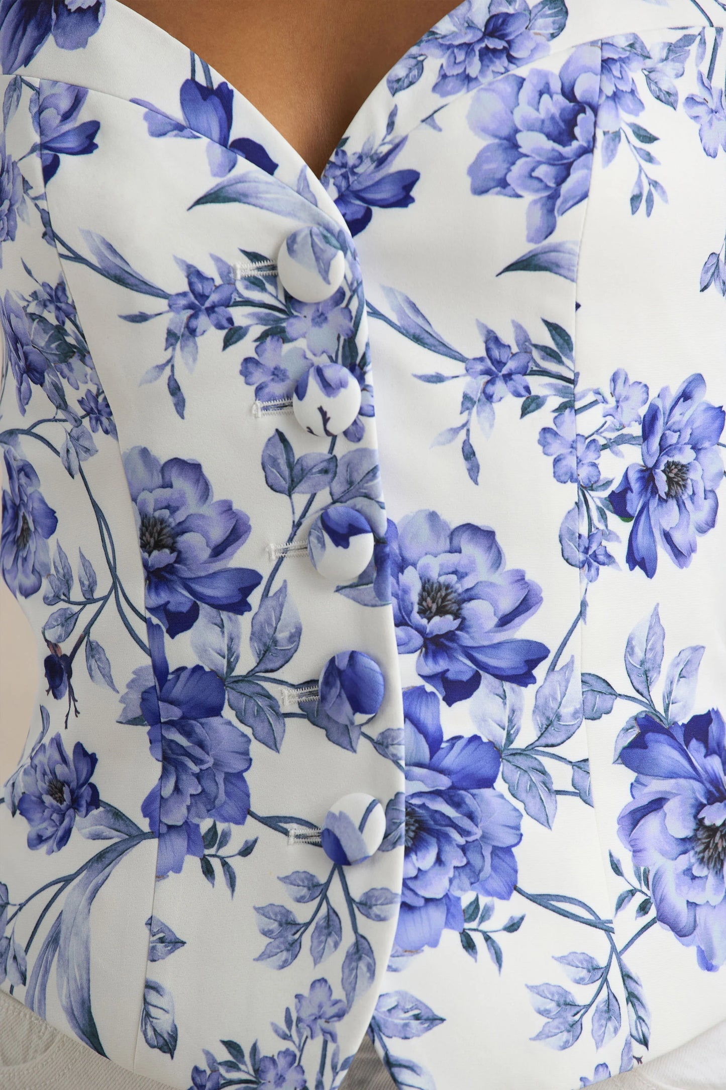 Olympia Blue Floral Print Sweetheart-Neck Tailored Top