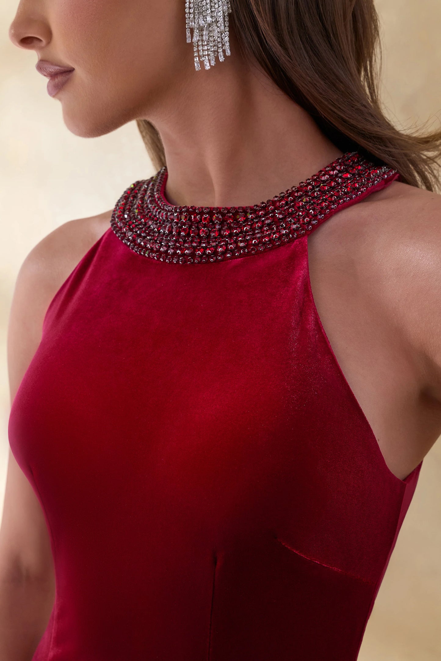 Darya Burgundy Velvet Embellished High-Neck Maxi Dress