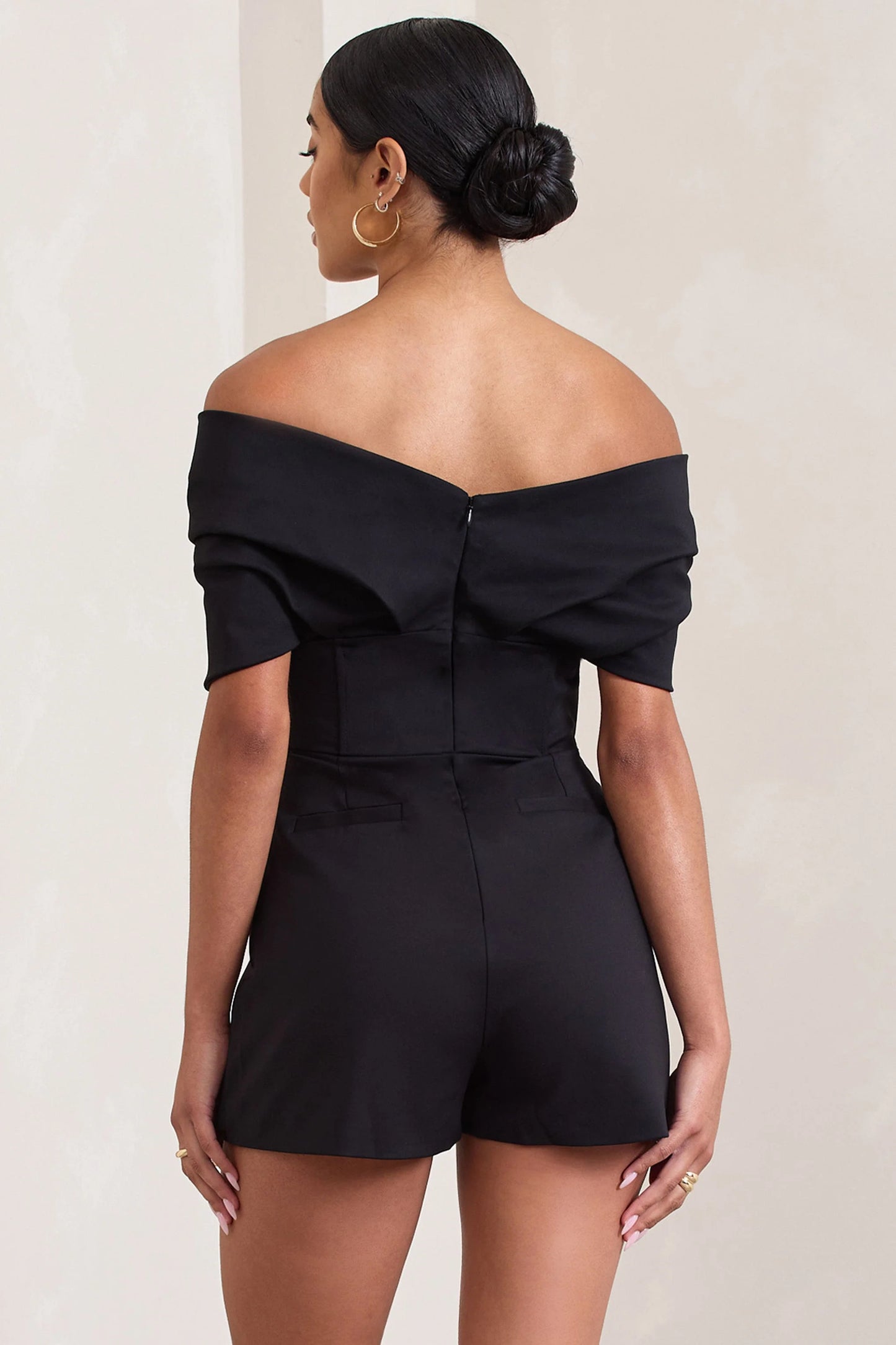 Damsel Black Cotton-Blend Corset Bardot Playsuit