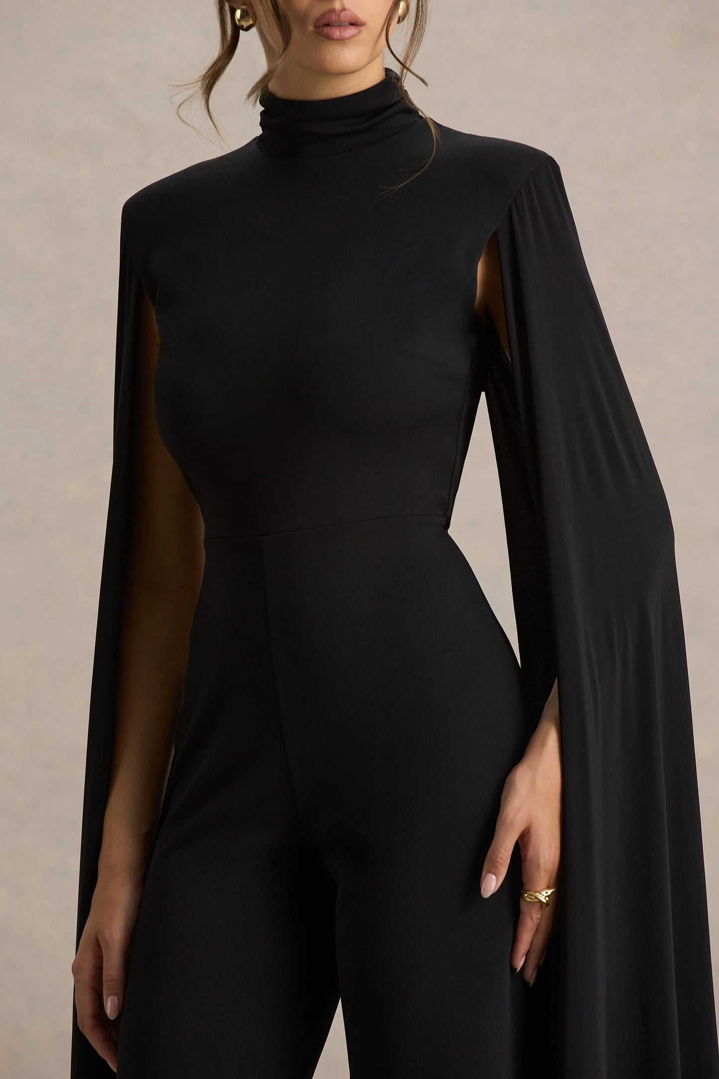 Dulcet Black High-Neck Jumpsuit With Cape Sleeves