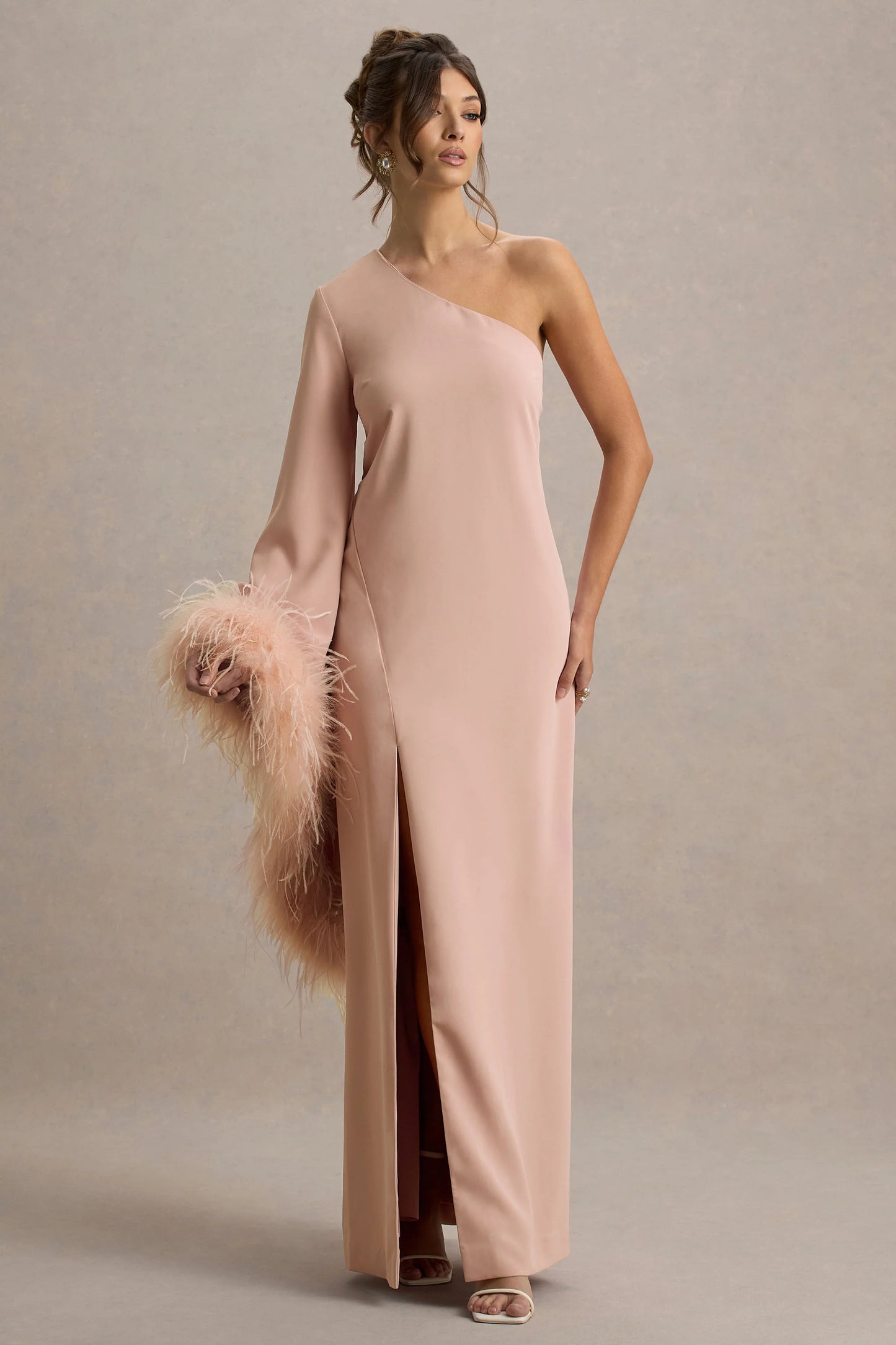 Armina Blush Pink One-Shoulder Feather-Trim Maxi Dress