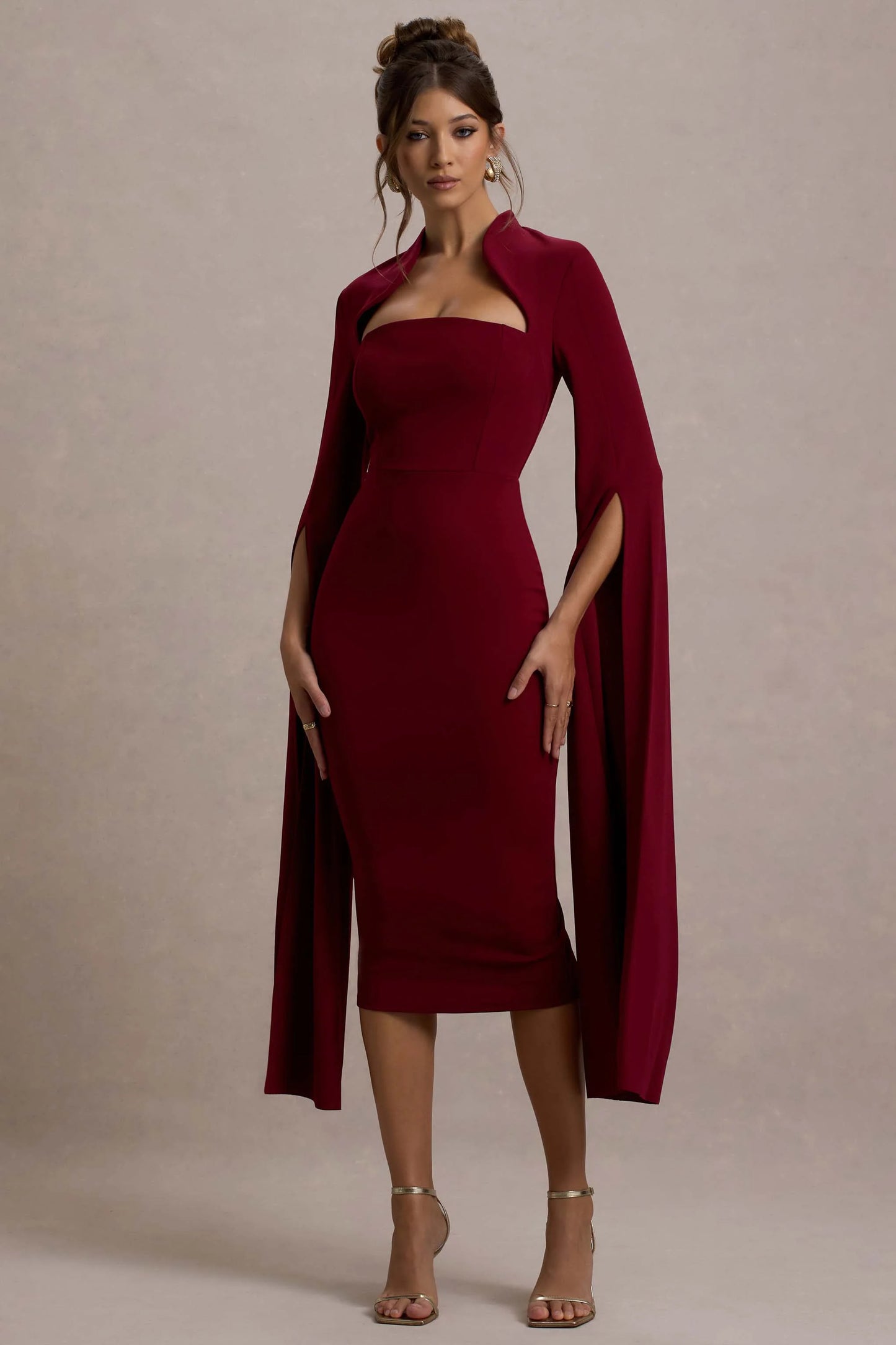 Linden Berry Bodycon Cape-Sleeve Midi Dress