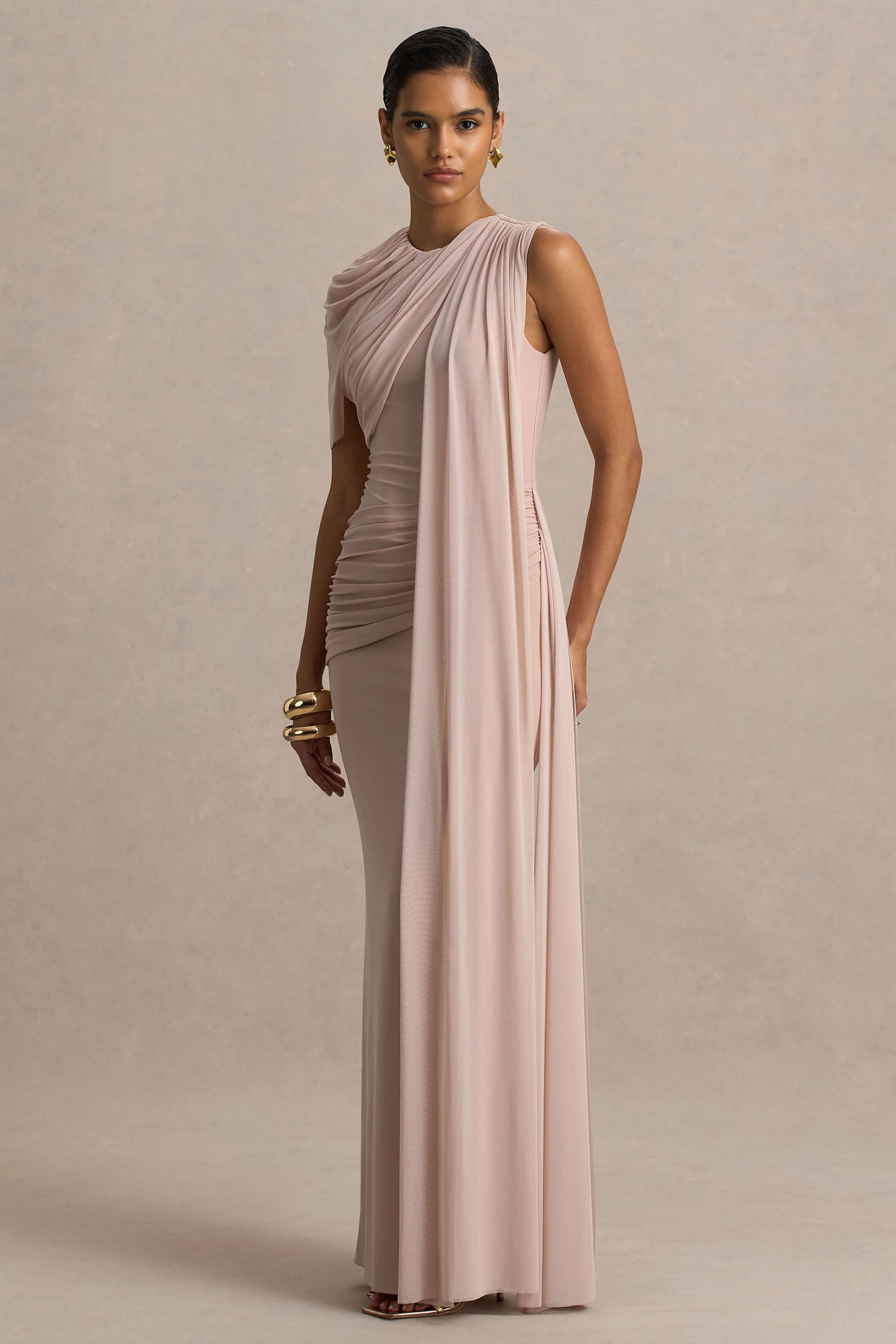 Brenda Champagne Crew-Neck Maxi Dress With Mesh Cape And Sash