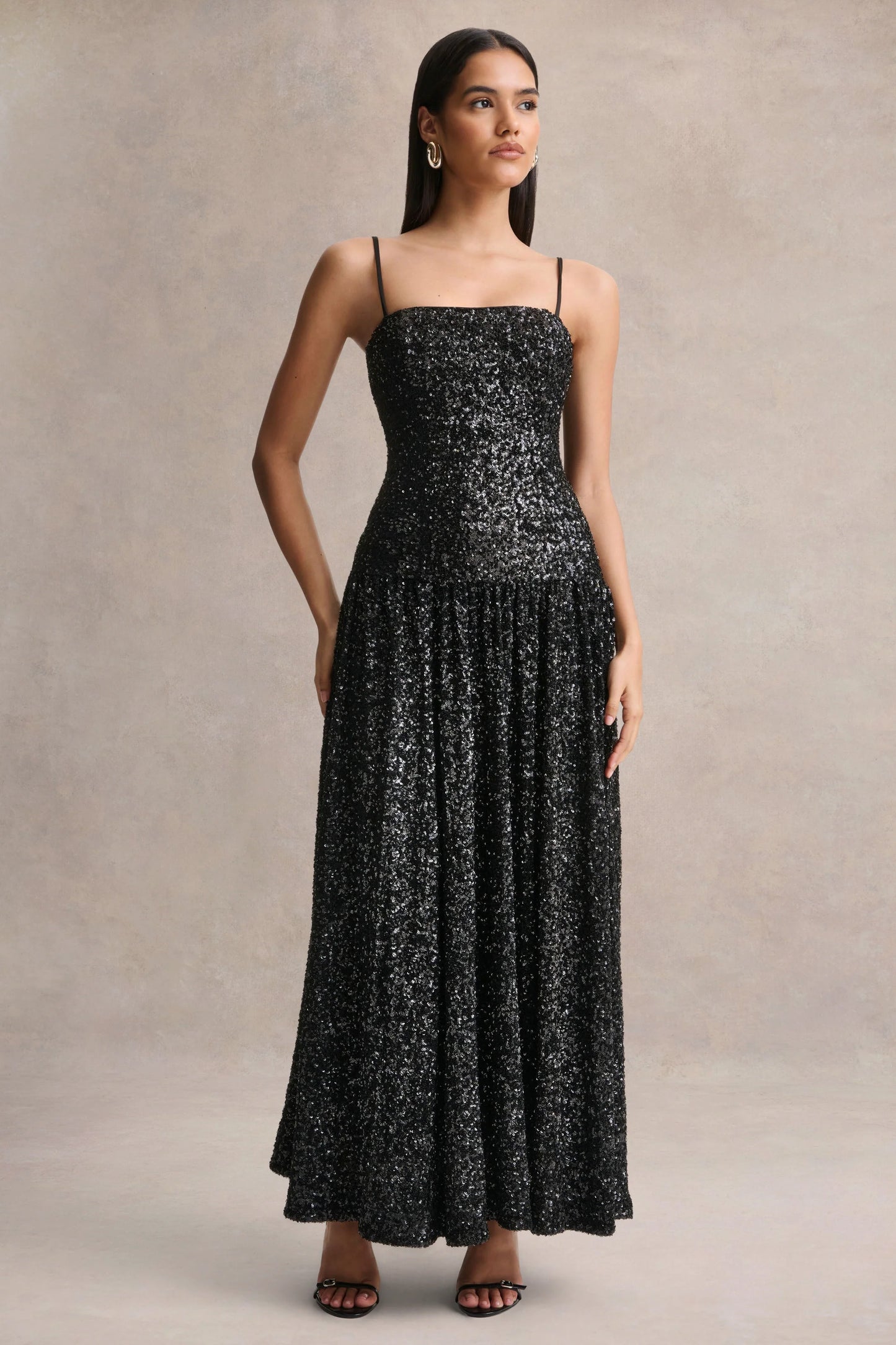 Allora Black Sequin Square-Neck Maxi Dress With Pleated Skirt