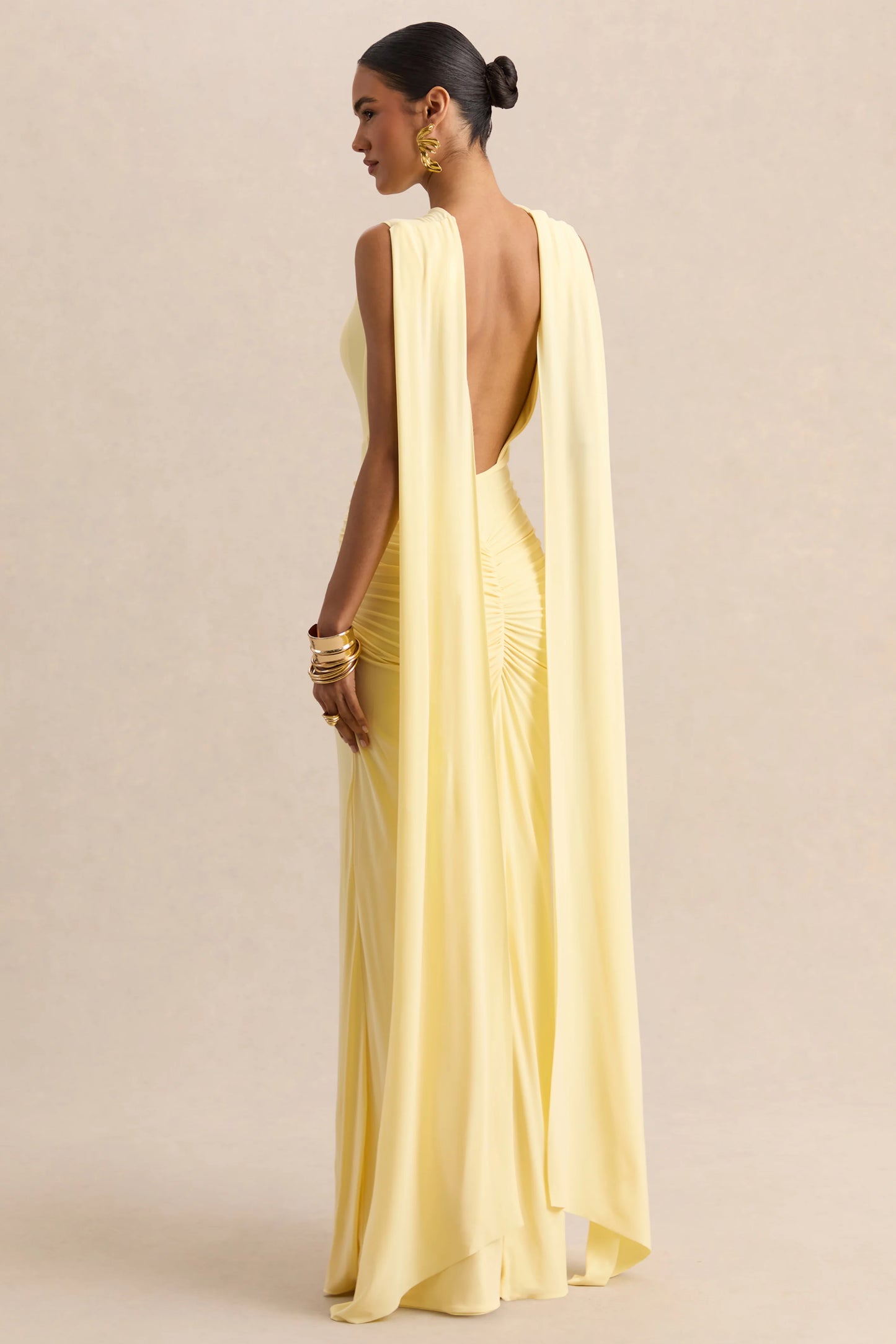 Premiere Lemon Boat-Neck Maxi Dress With Cape-Sleeves And Open-Back