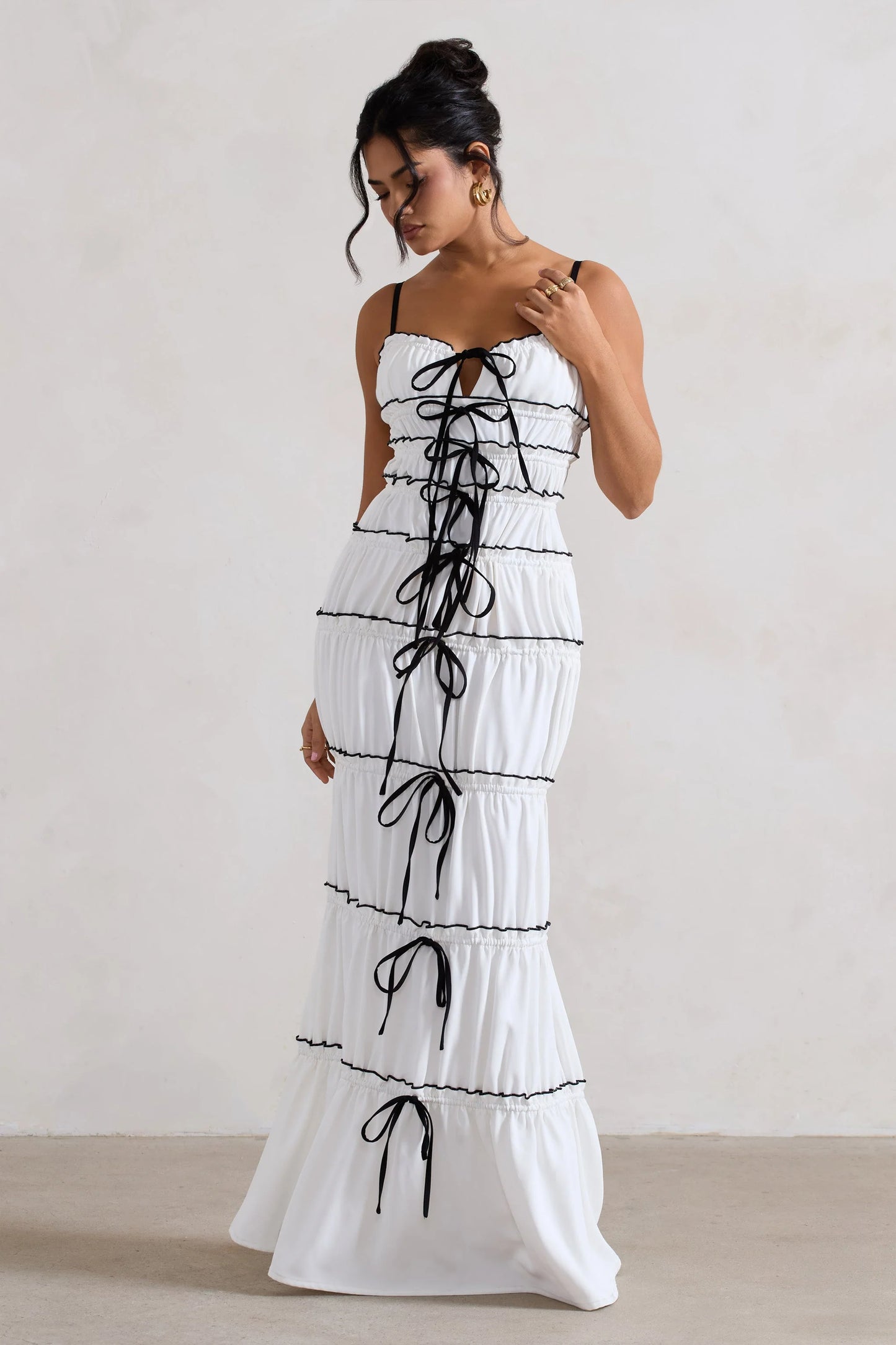 Summer Breeze White Strappy Gathered Tiered Maxi Dress