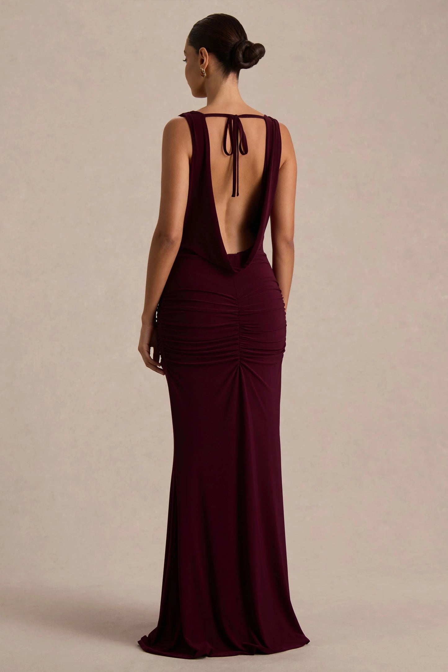 Mallie Burgundy Cowl-Neck Maxi Dress With Open-Back And Gathered-Detailing