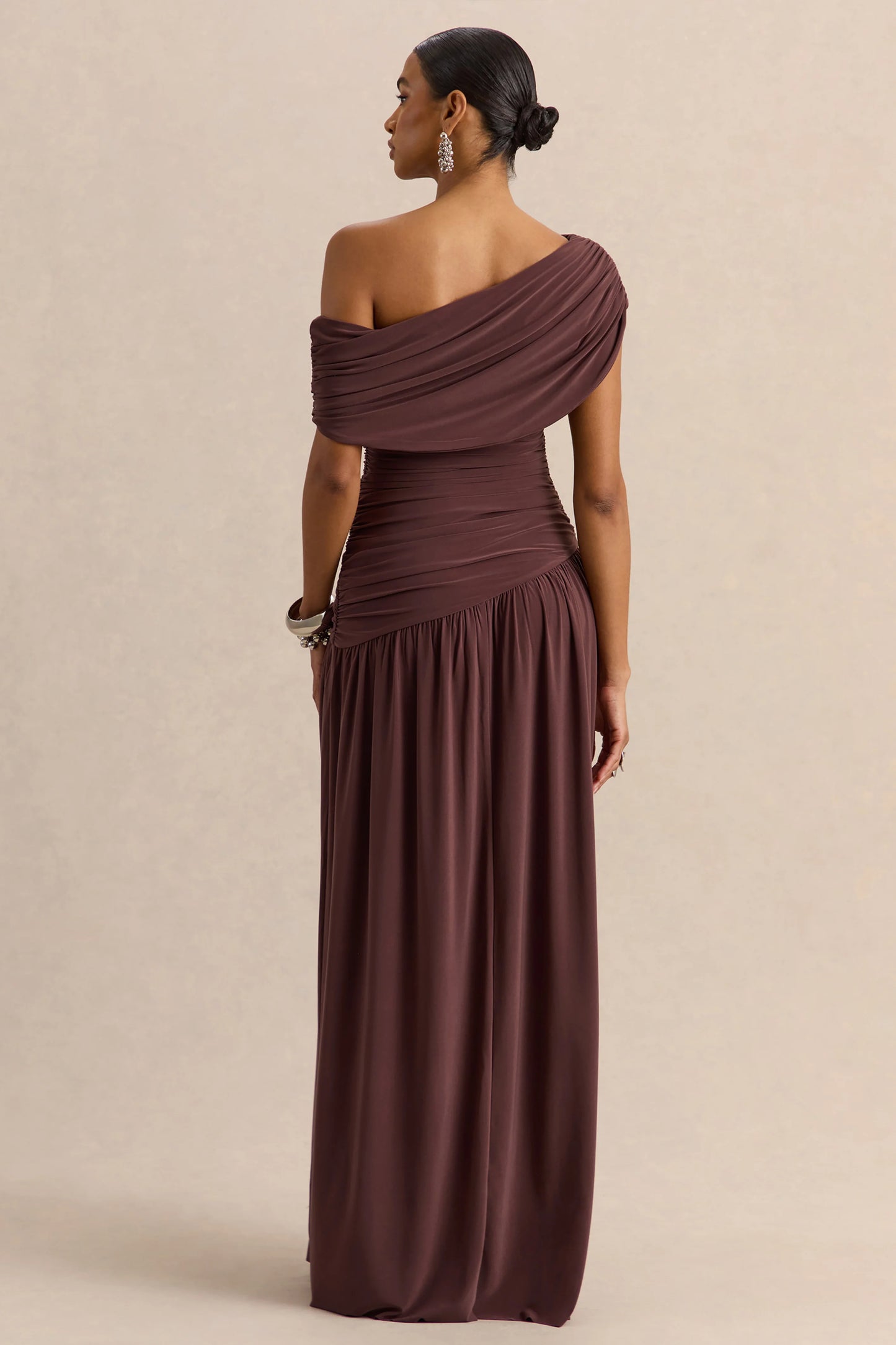 Emberly Brown Draped Asymmetric-Neck Maxi Dress With Drop-Waist