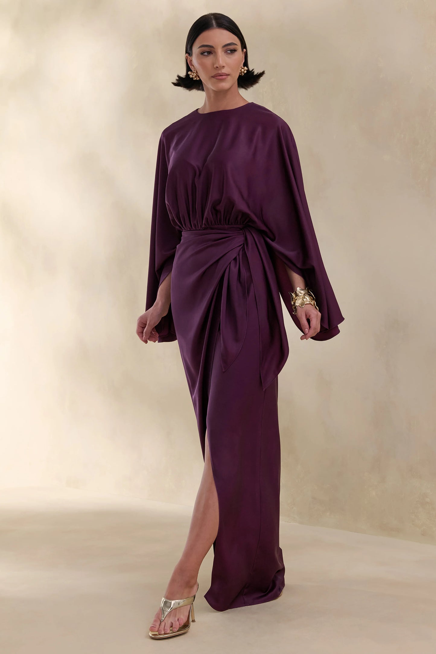 Delphina Plum Satin Maxi Dress With Gathered And Knot-Detail