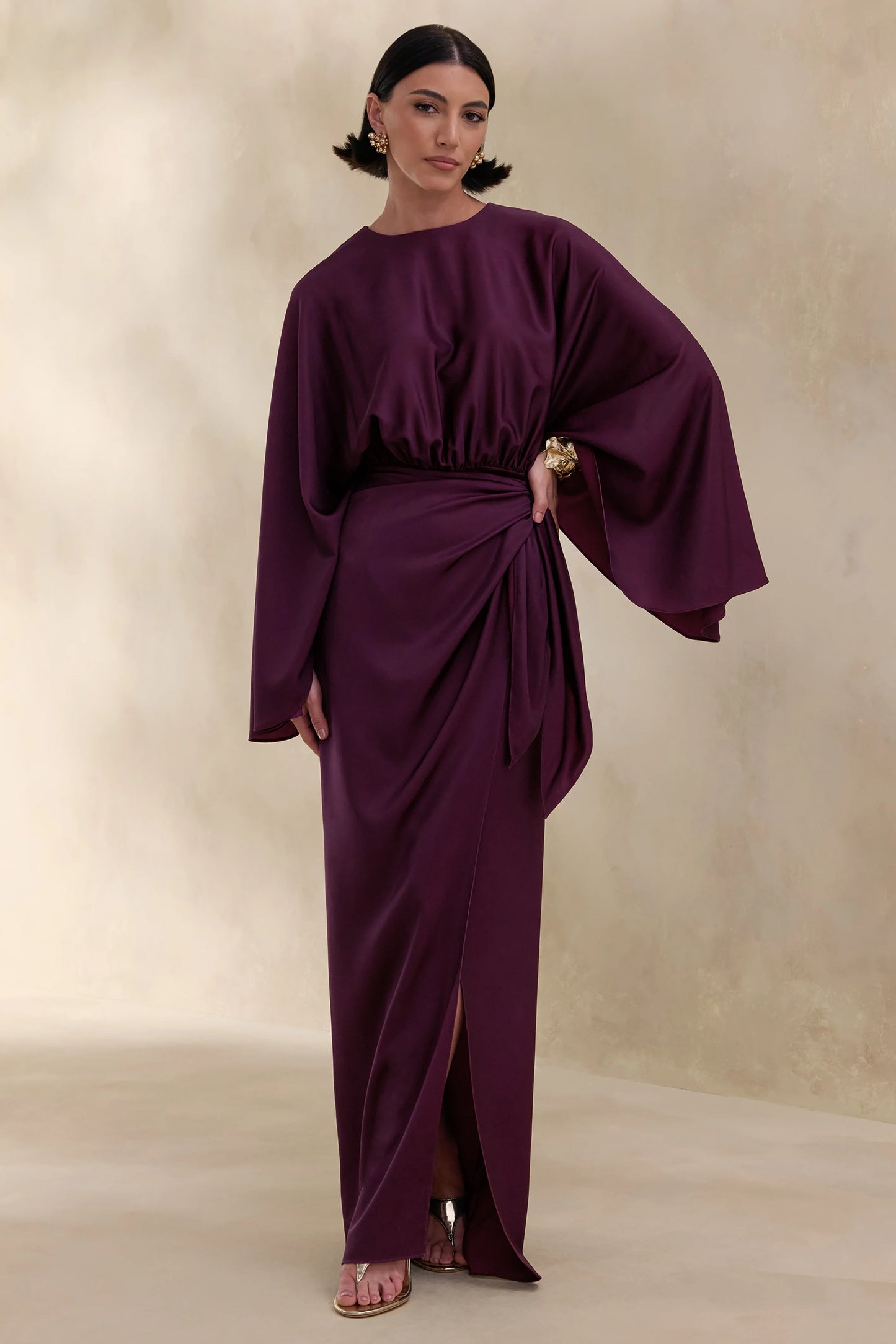 Delphina Plum Satin Maxi Dress With Gathered And Knot-Detail
