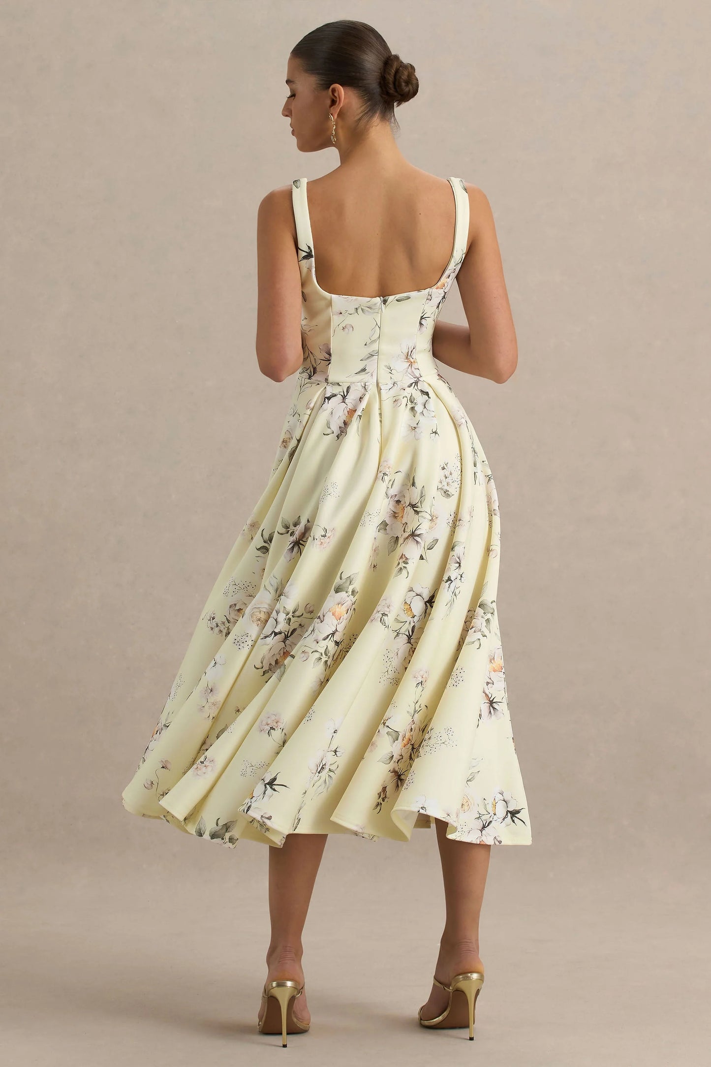 Lissa Lemon Floral Bouquet Print Square-Neck Midi Dress