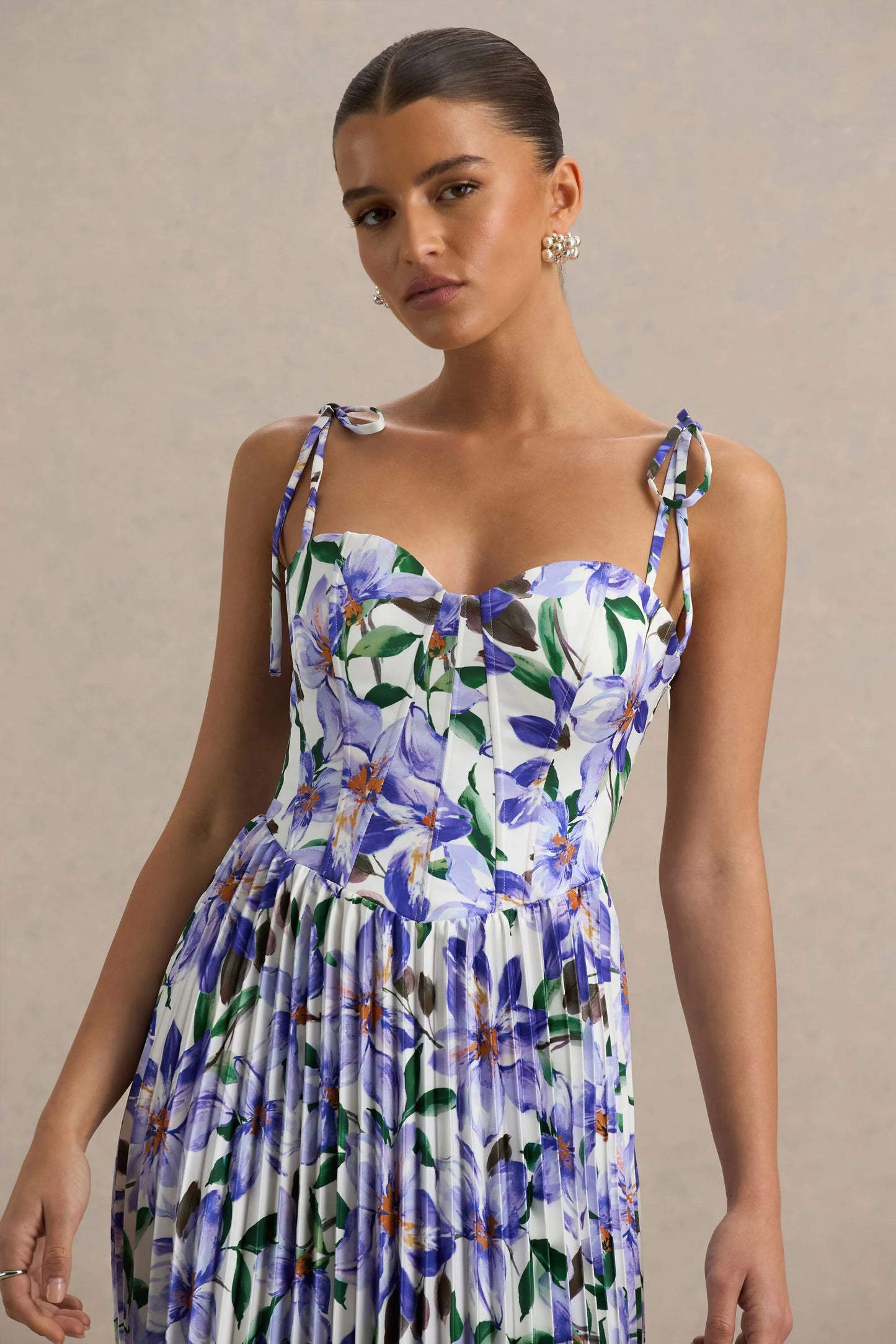 Peyton Purple Lily Print Satin Sweetheart-Neck Midi Dress With Pleated Details