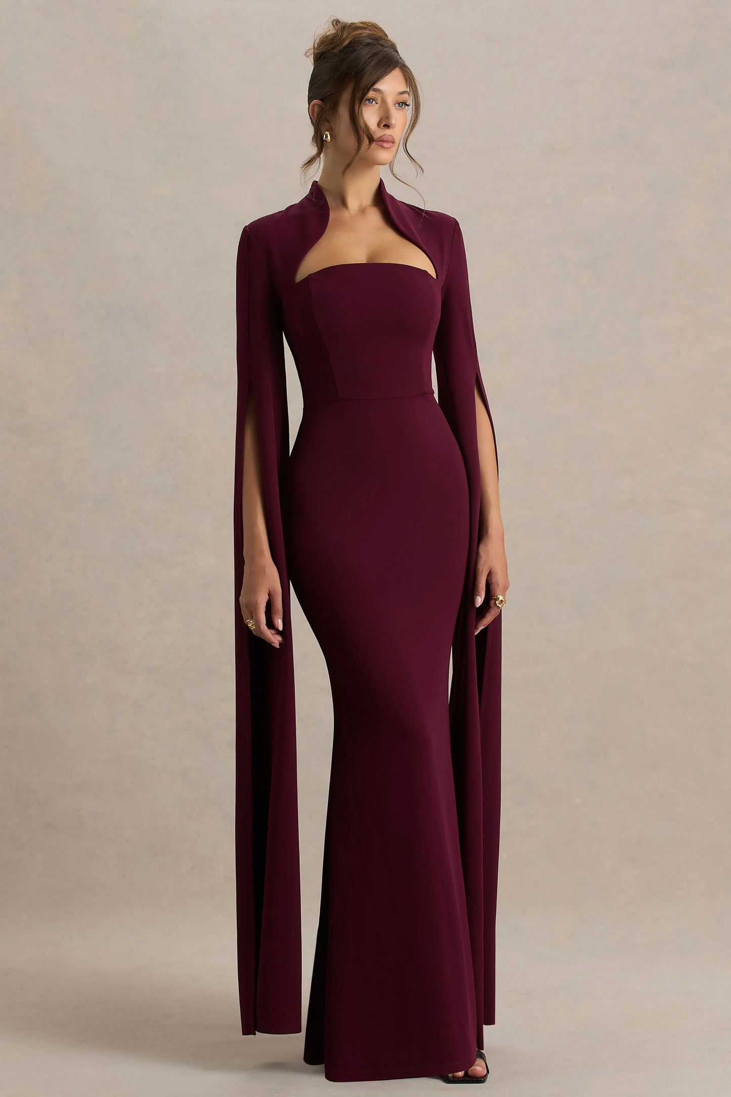 Esme Burgundy Square-Neck Maxi Dress With Cape Sleeves