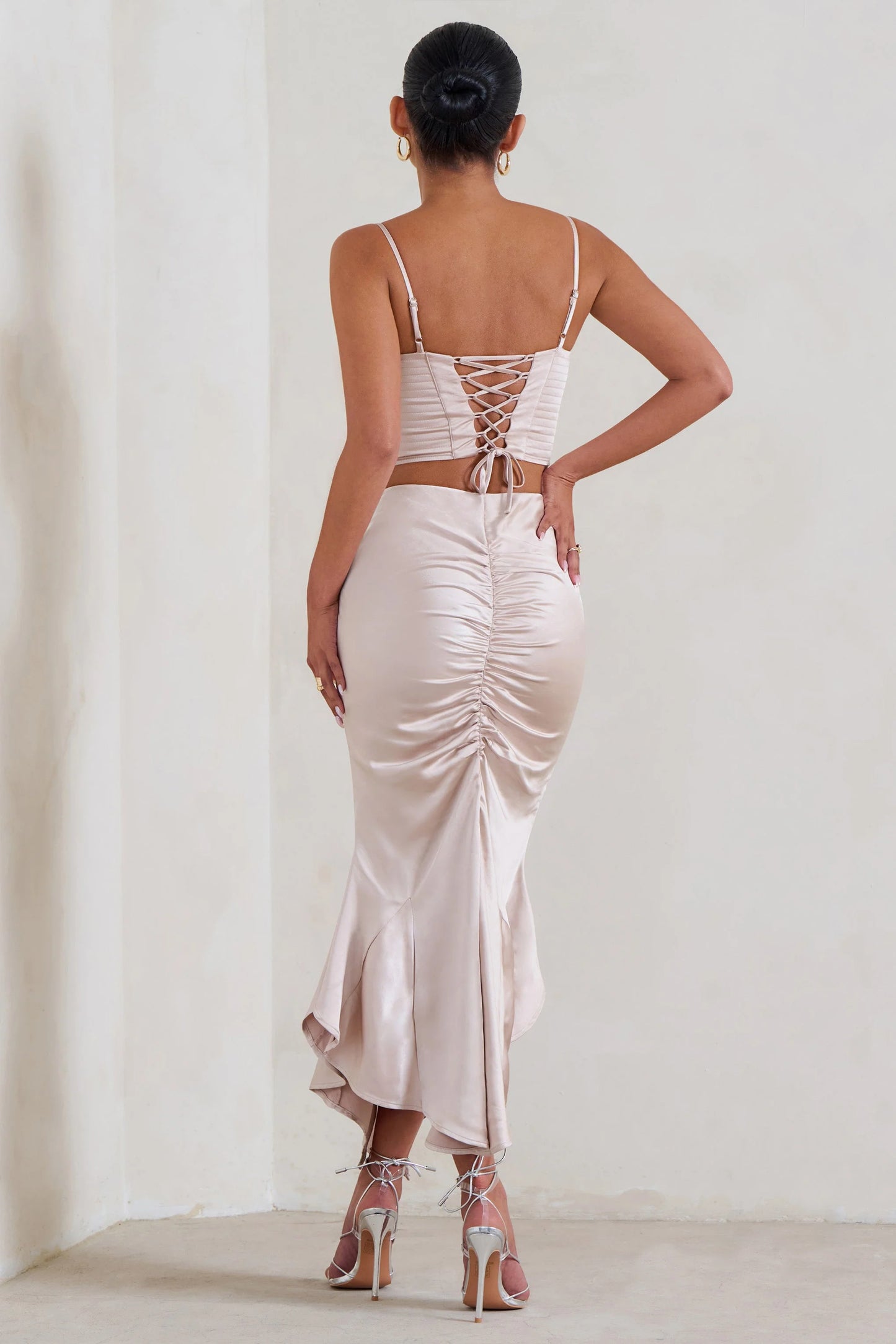 Per Favore Champagne Satin Ruched Split Maxi Skirt