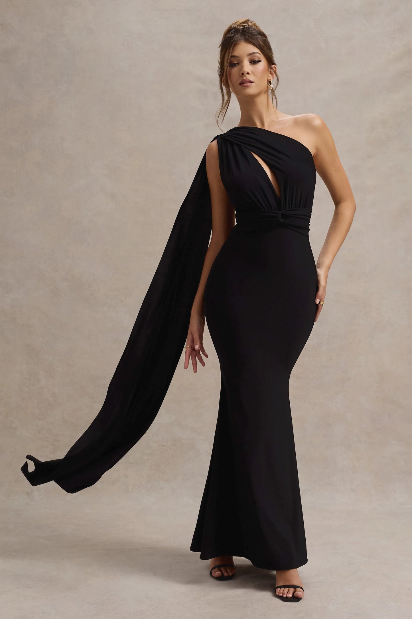Elaina Black Asymmetric Knot Maxi Dress With Sash