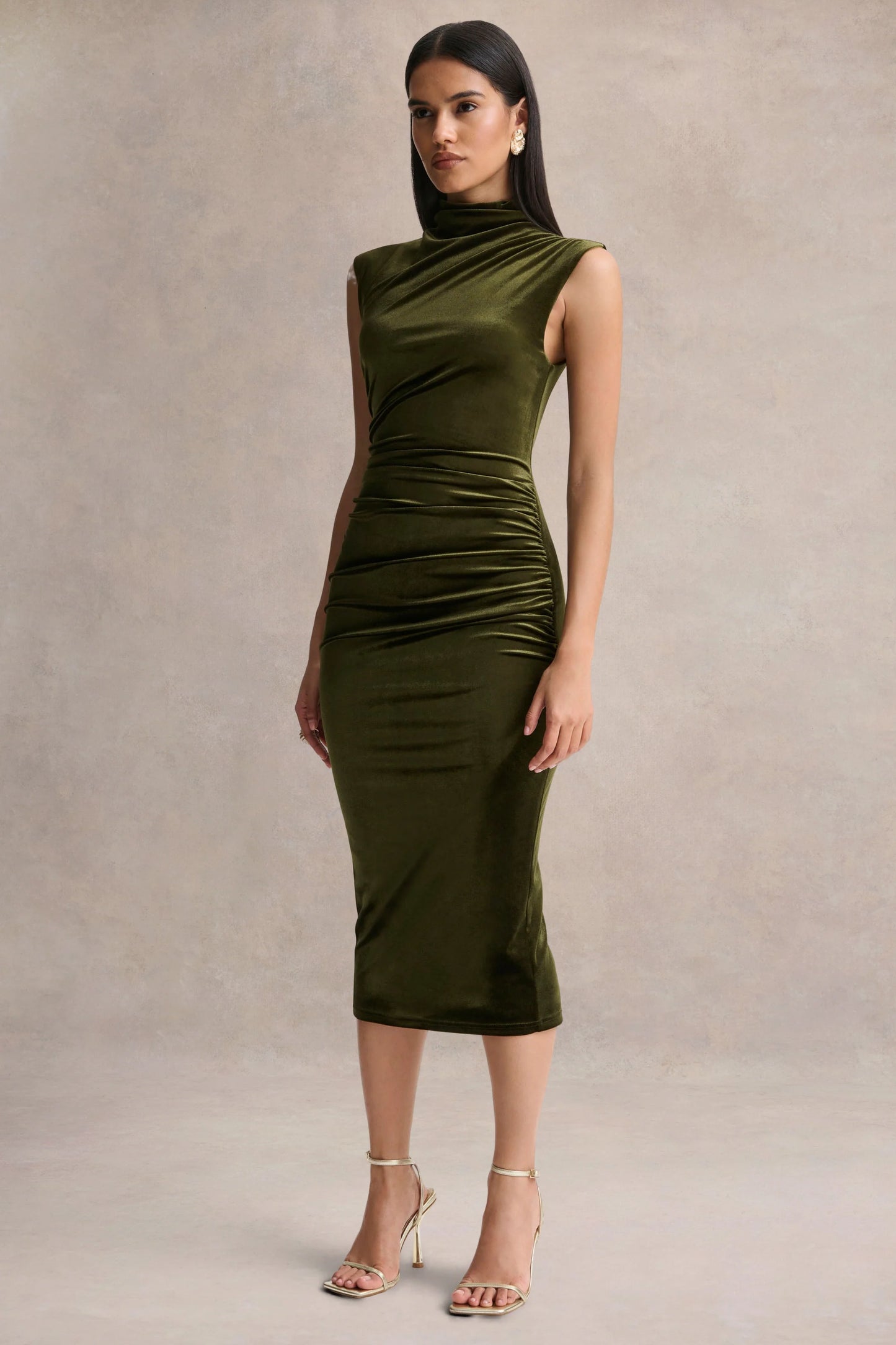 Novine Olive Velvet High-Neck Midi Dress