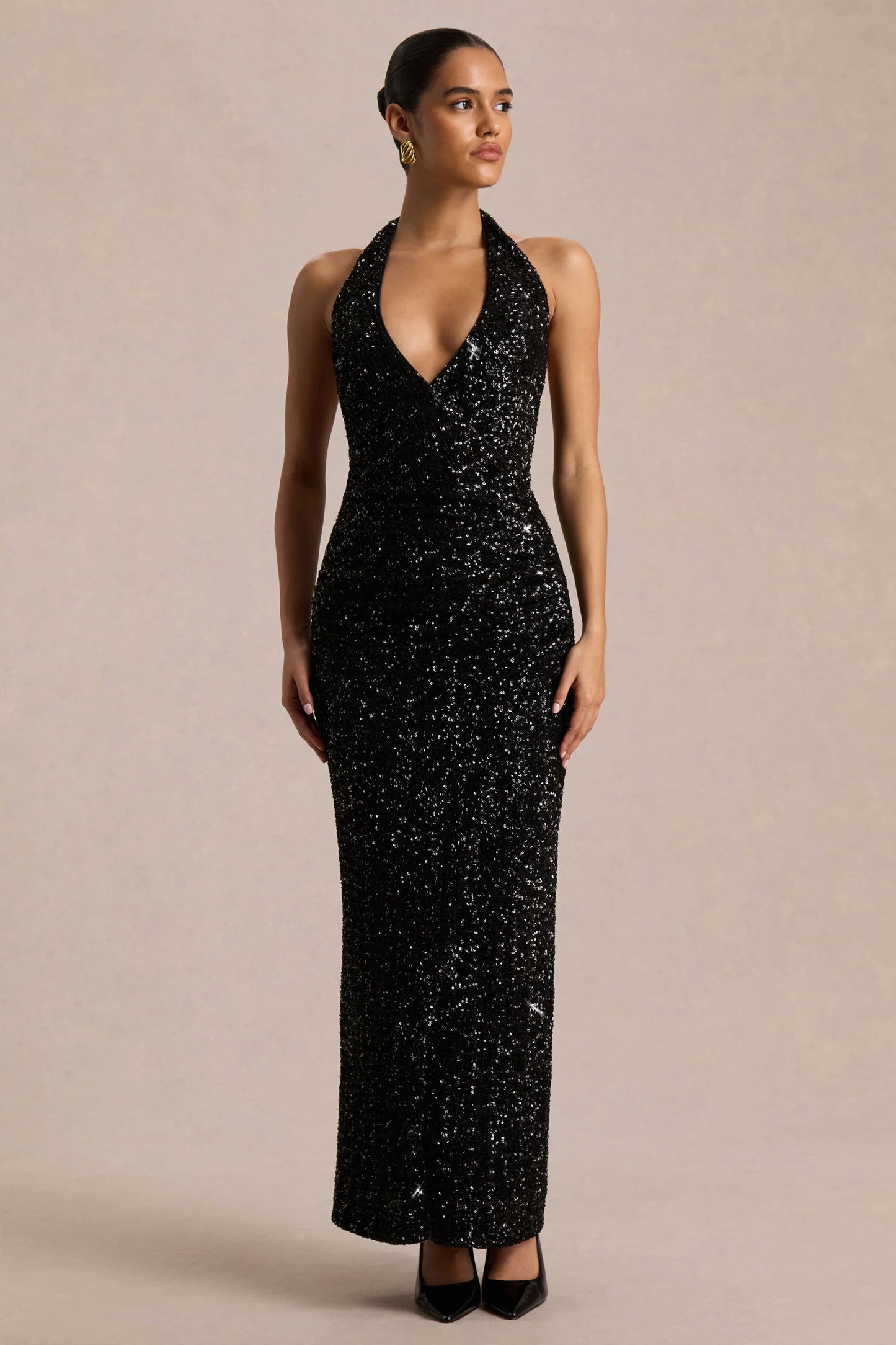 Gio Black Sequin Plunge-Neck Wrap Maxi Dress With Ruched Detailing