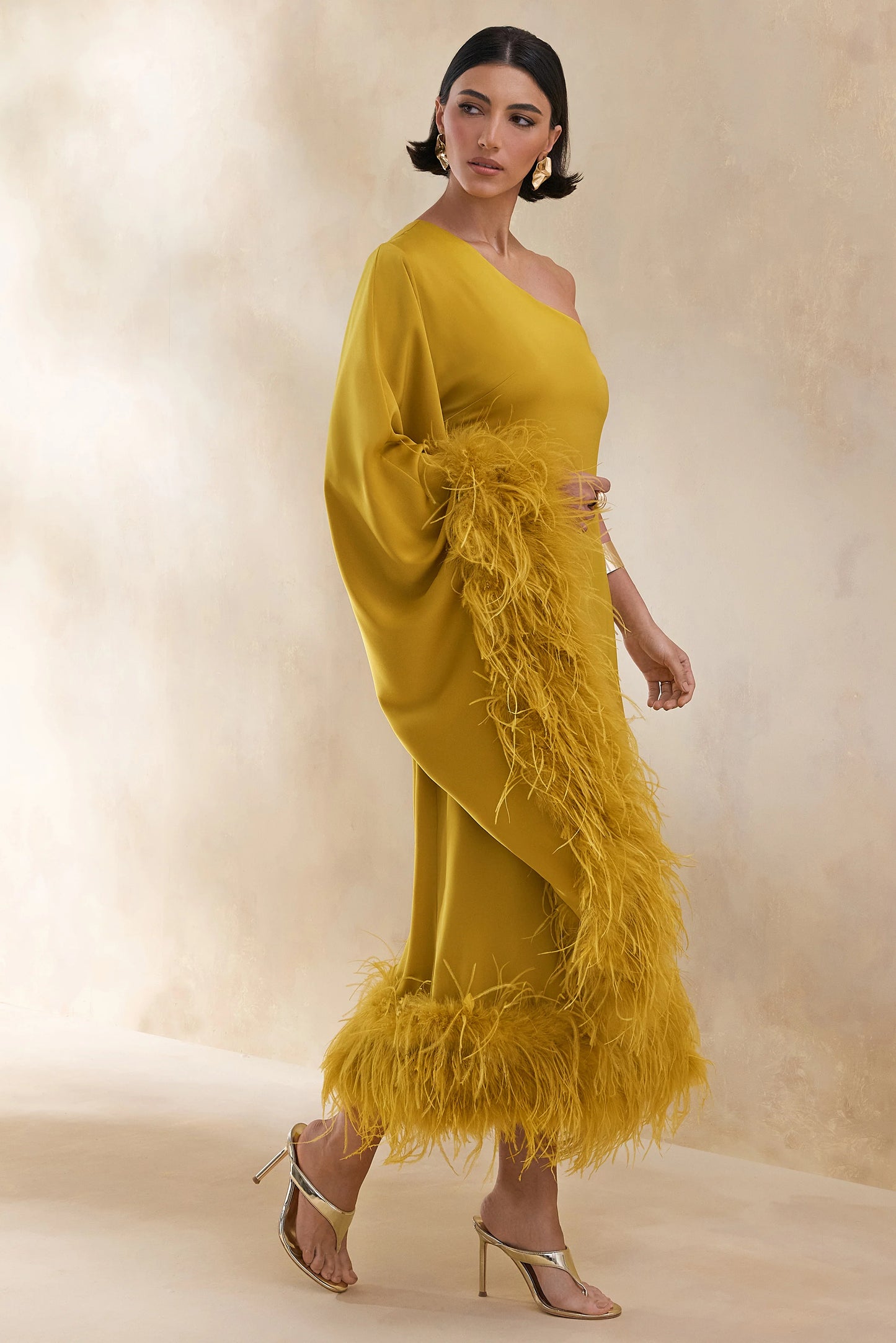 Destiny Yellow Satin Asymmetric-Neck Midi Dress With Feather Details