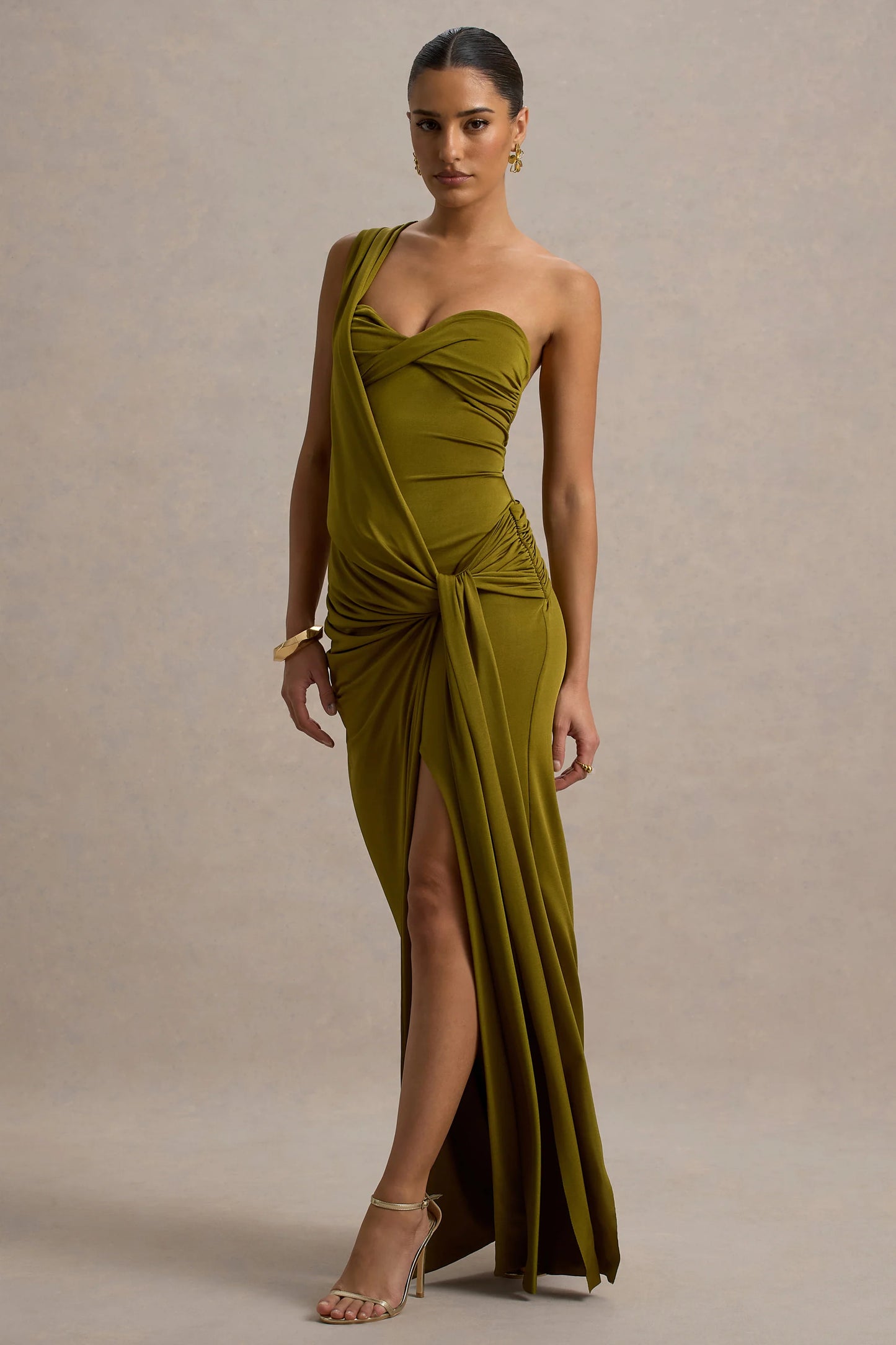 Erminia Olive Green One-Shoulder Twist Wrap Maxi Dress