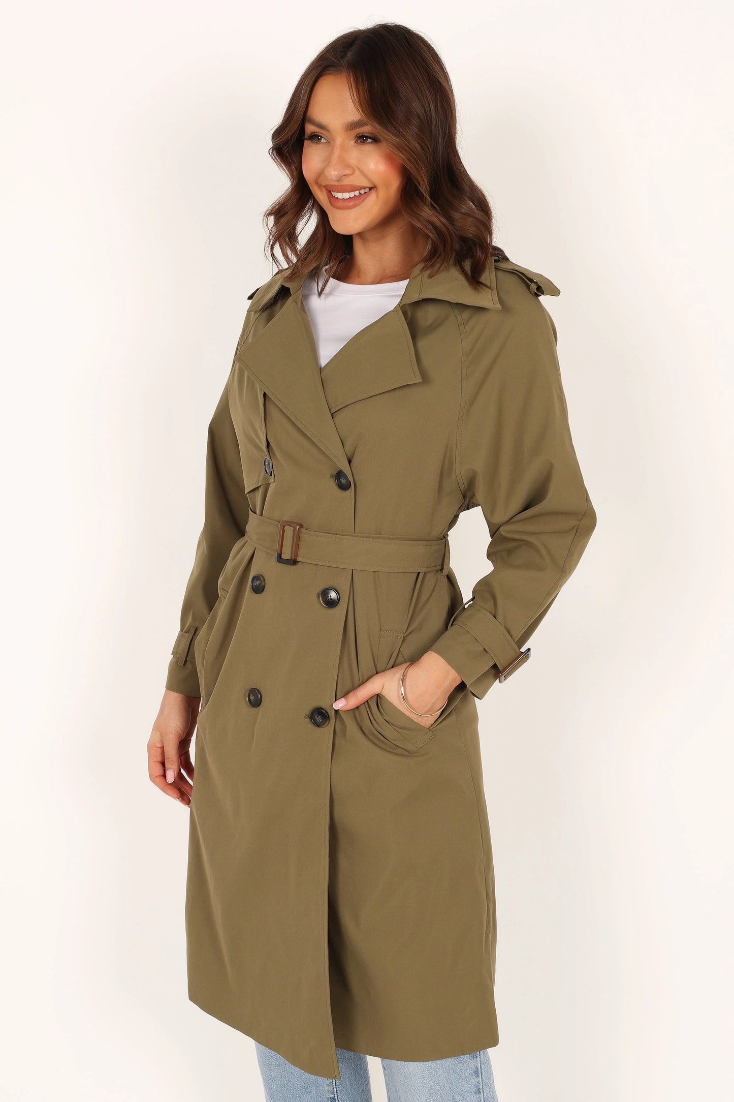 Trina Button Front Trench Coat - Olive