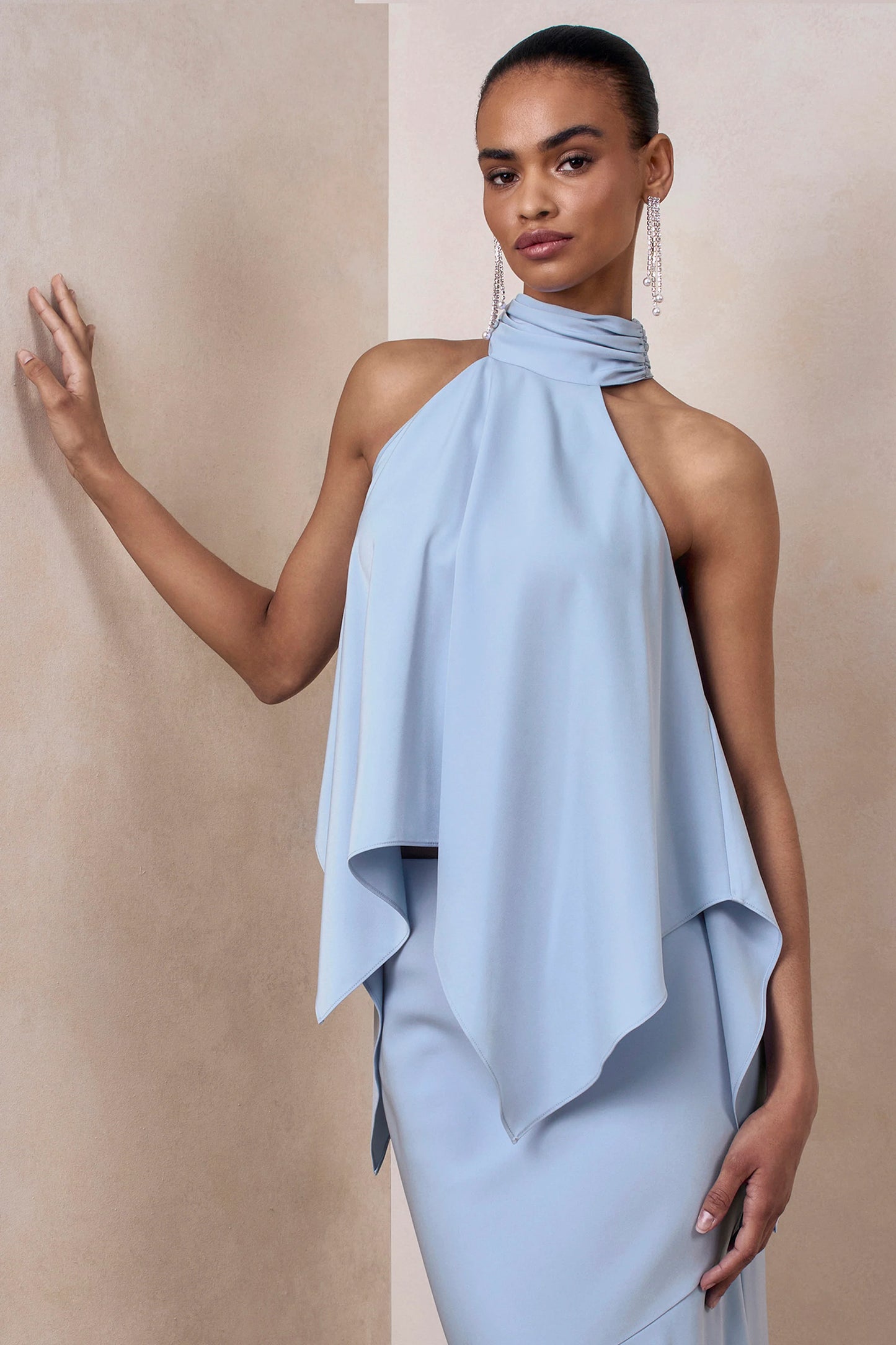 Sancelle Powder Blue Matte Satin Halter-Neck Top