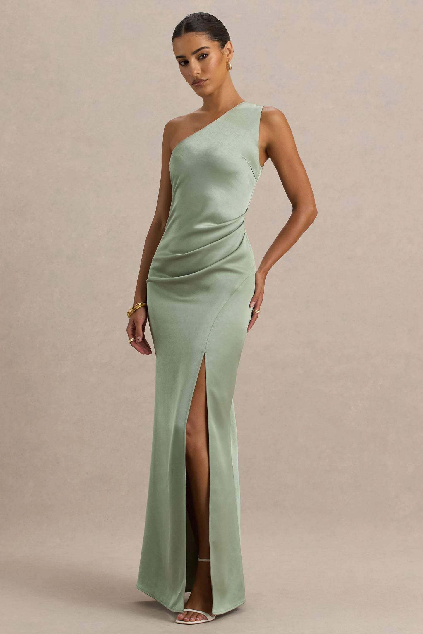 Beth Sage Asymmetric Neckline High-Split Maxi Dress