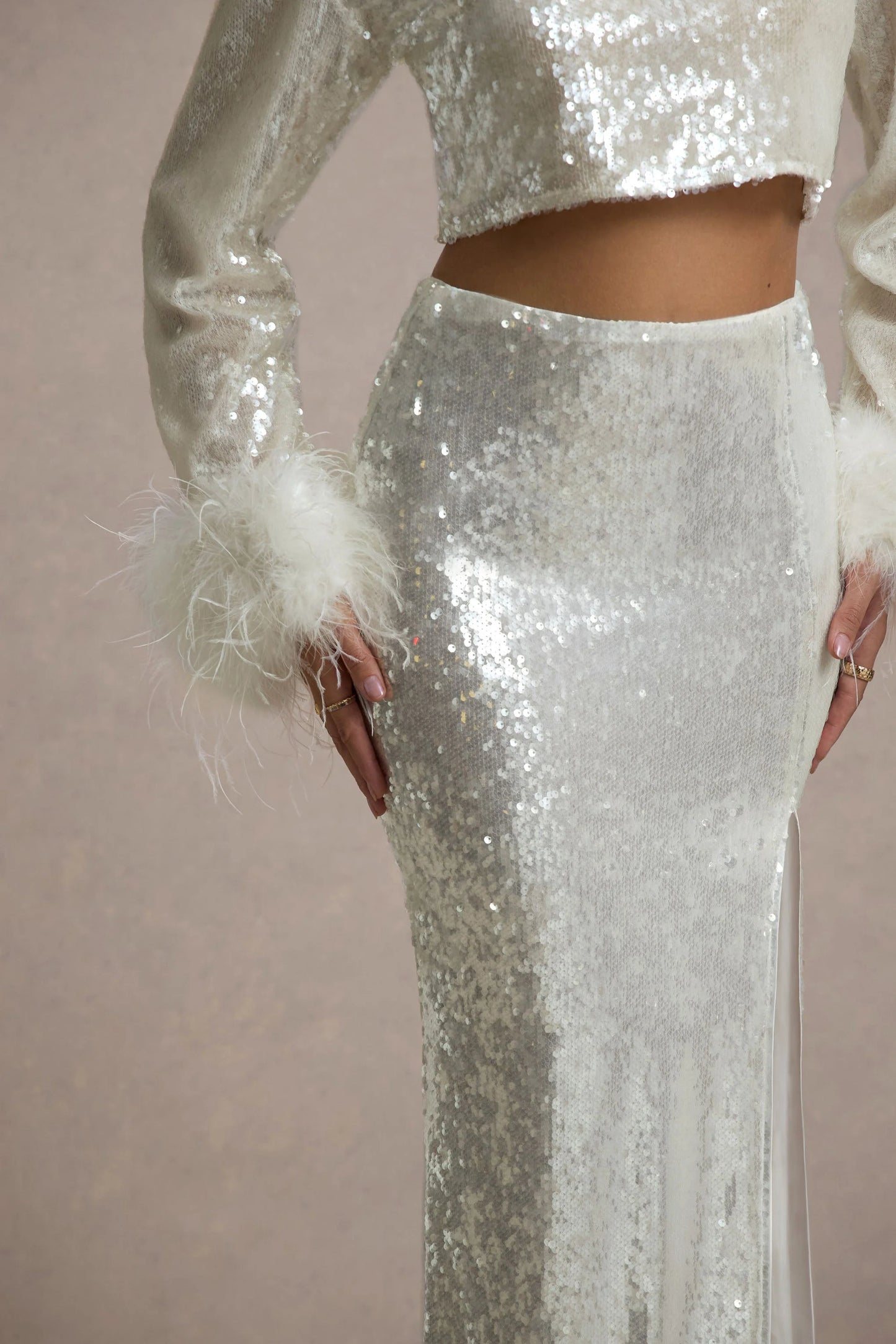 Solita Sand Sequin Long-Sleeve Crop Top With Feather Trim