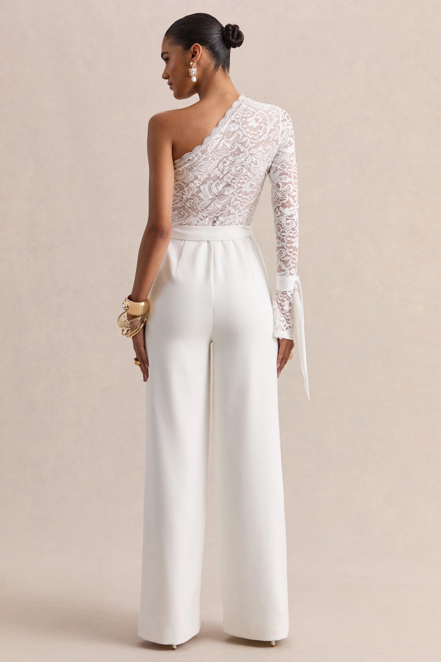 Clarence White Lace Asymmetric-Neck Jumpsuit With Bow-Details