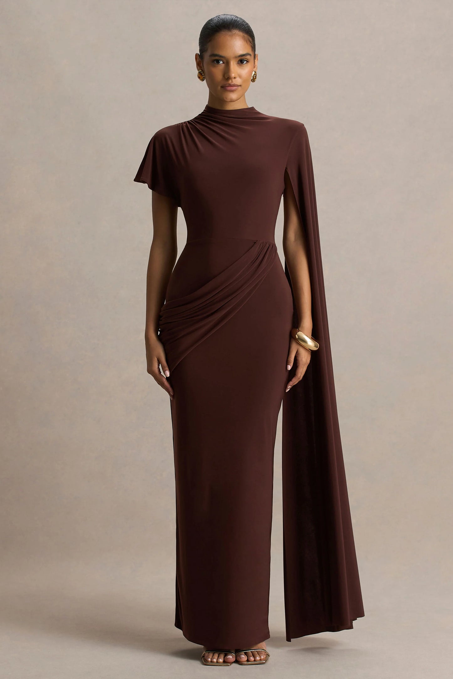 Tropic Brown High-Neck Maxi With Long Cape Sleeve