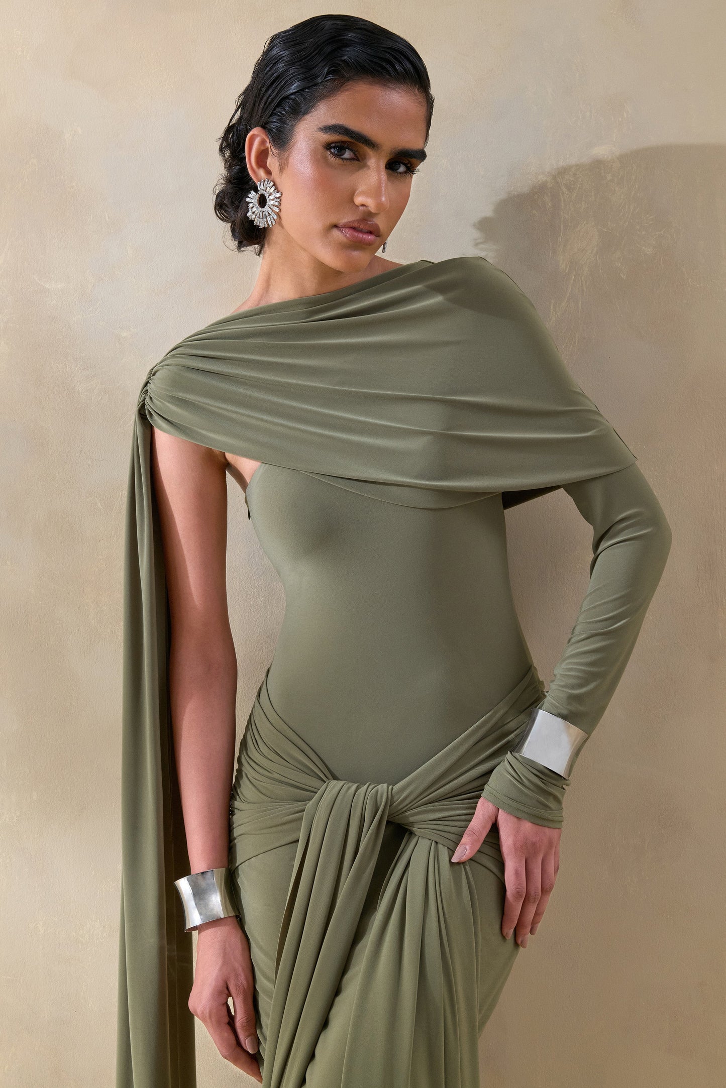 Trisara Olive Asymmetric-Neck Maxi Dress With Gathered-Detailing And Sash