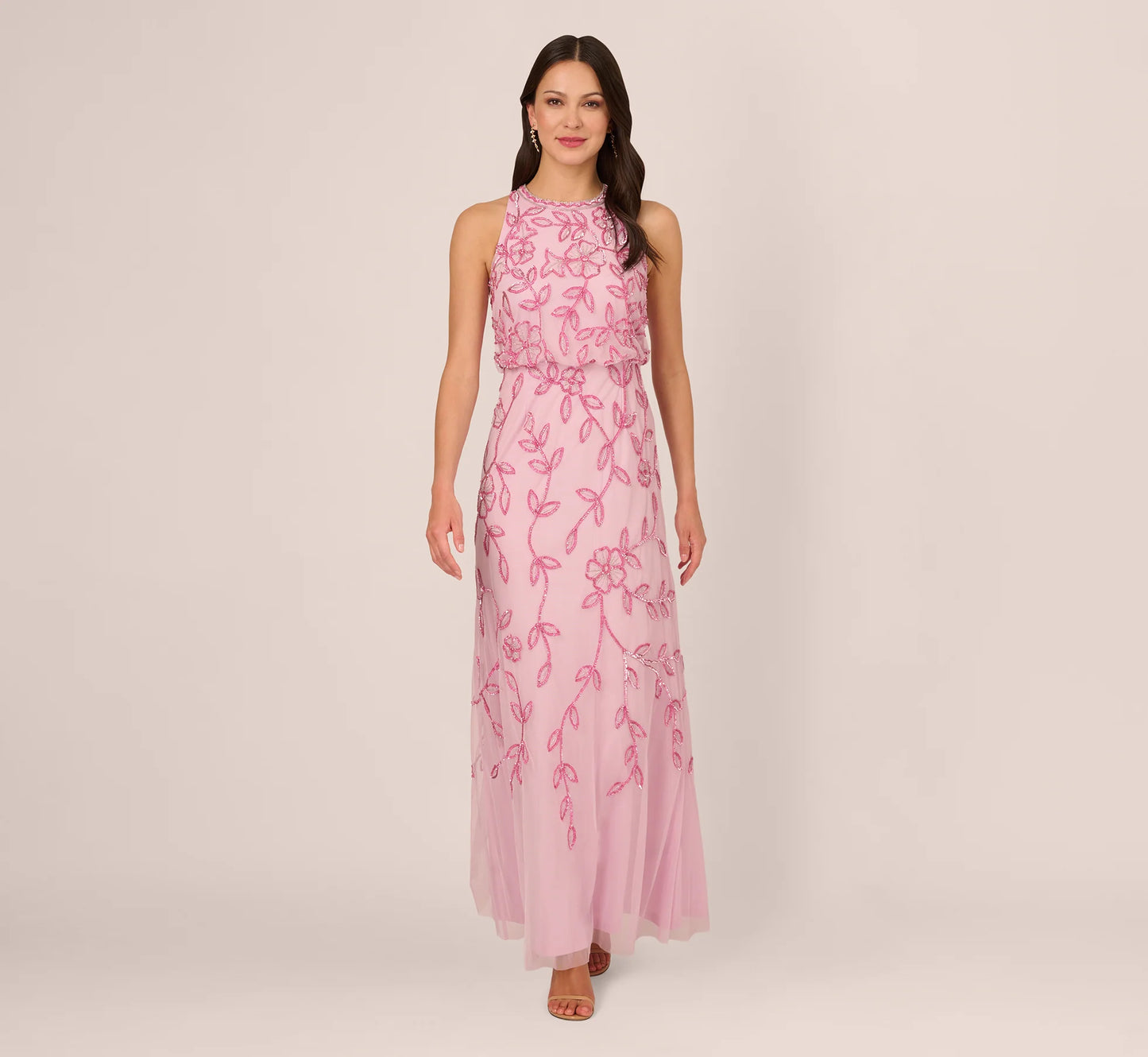 Sleeveless Blouson Mermaid Gown With Jasmine Beading In Pink Lace