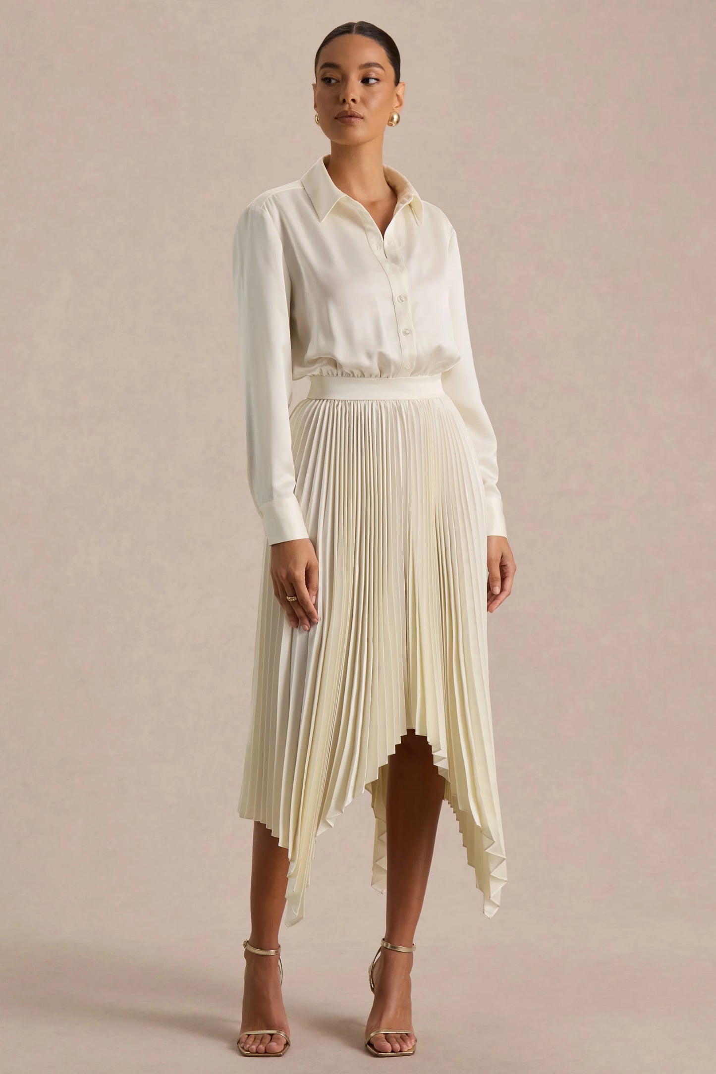 Naxos Cream Satin Shirt Maxi Dress With Pleated Skirt