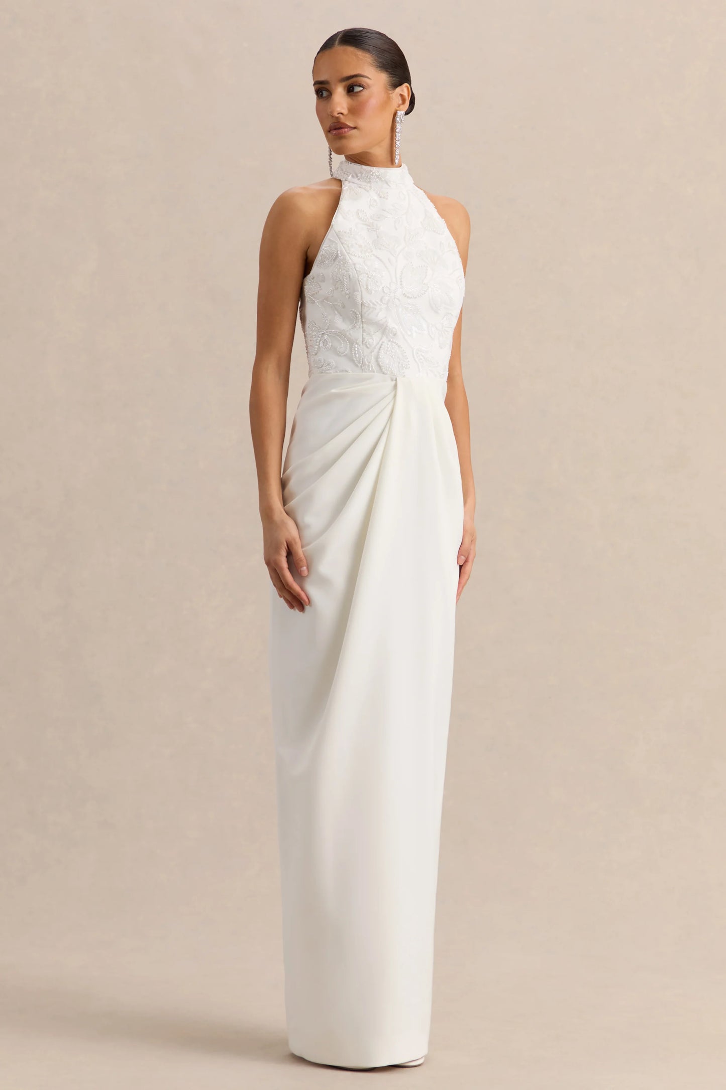 Charlotte White Halter-Neck Maxi Dress With Gathered-Detailing