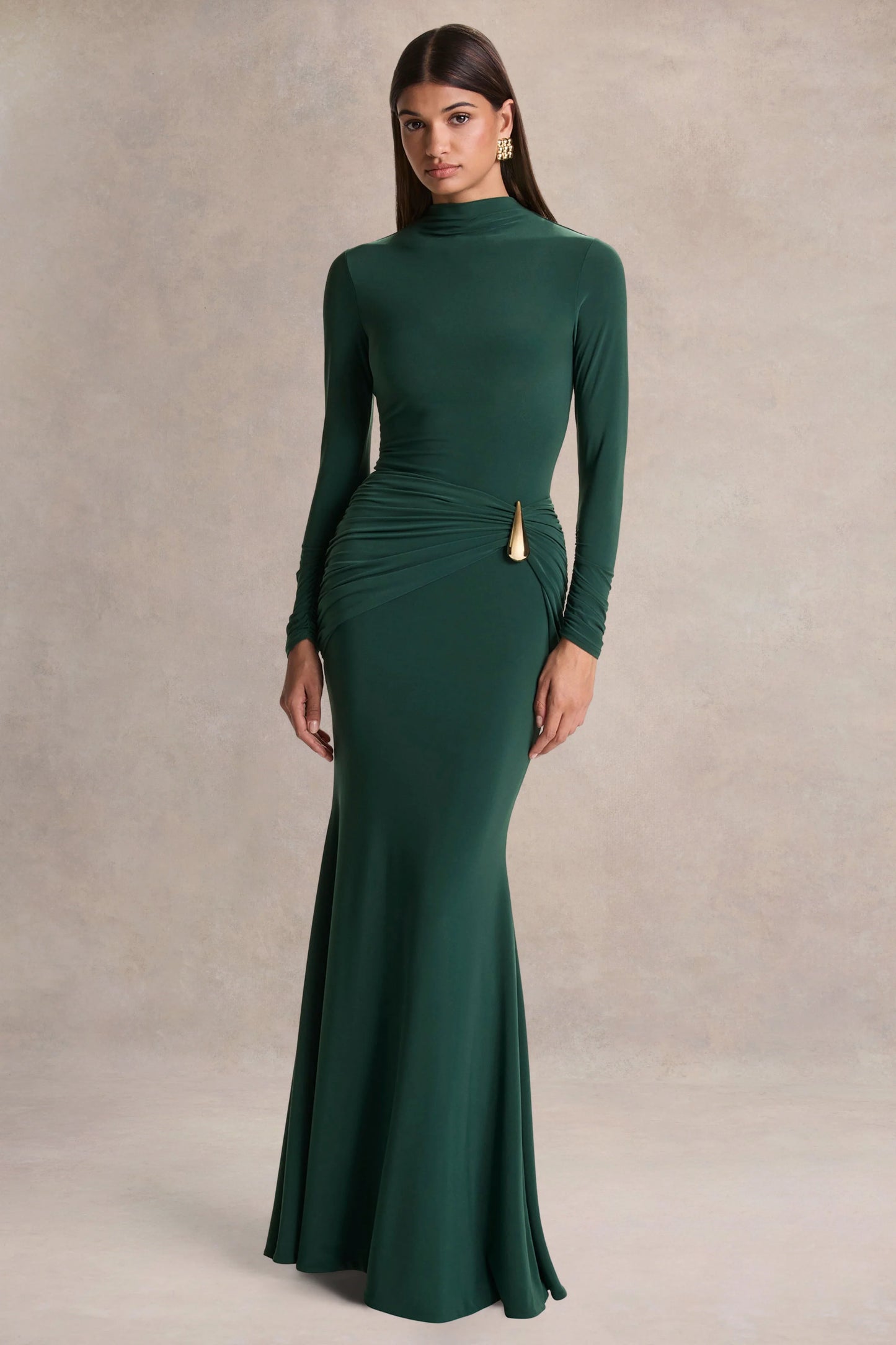 Solarium Dark Green Long-Sleeve Maxi Dress With Gold Detail