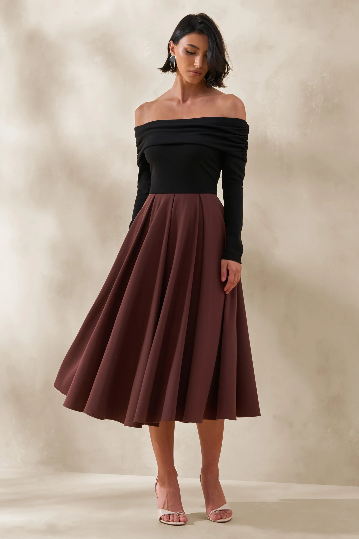 Frederica Black And Brown Bardot-Neck Midi Dress