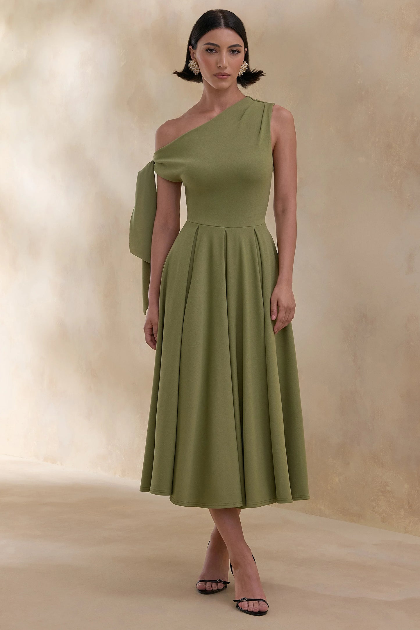 Daring Olive Asymmetric-Neck Midi Dress With Knot-Detail