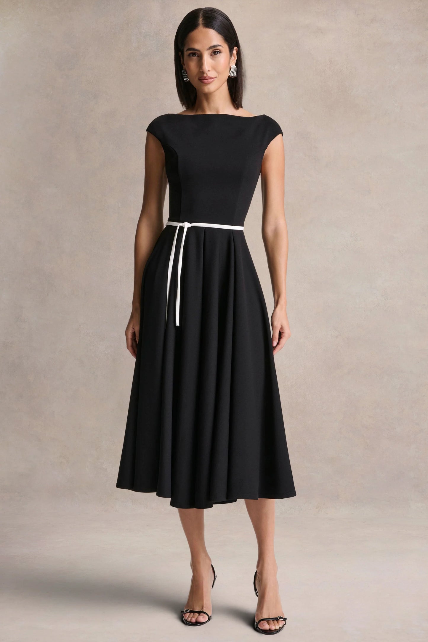 Nataline Black Round-Neck Midi Dress With White Belt-Detail