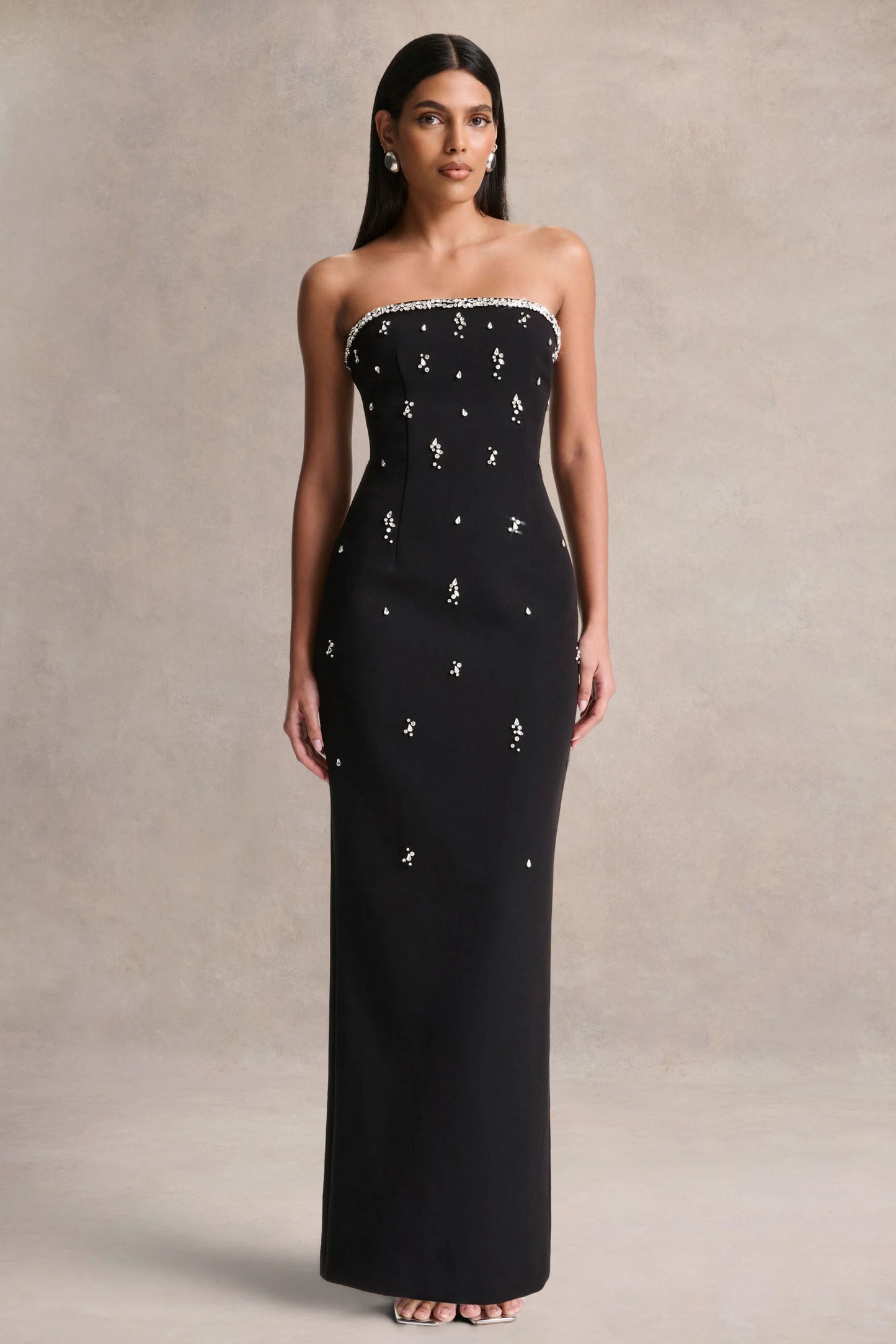 Rominia Black Bandeau Hand-Embellished Maxi Dress