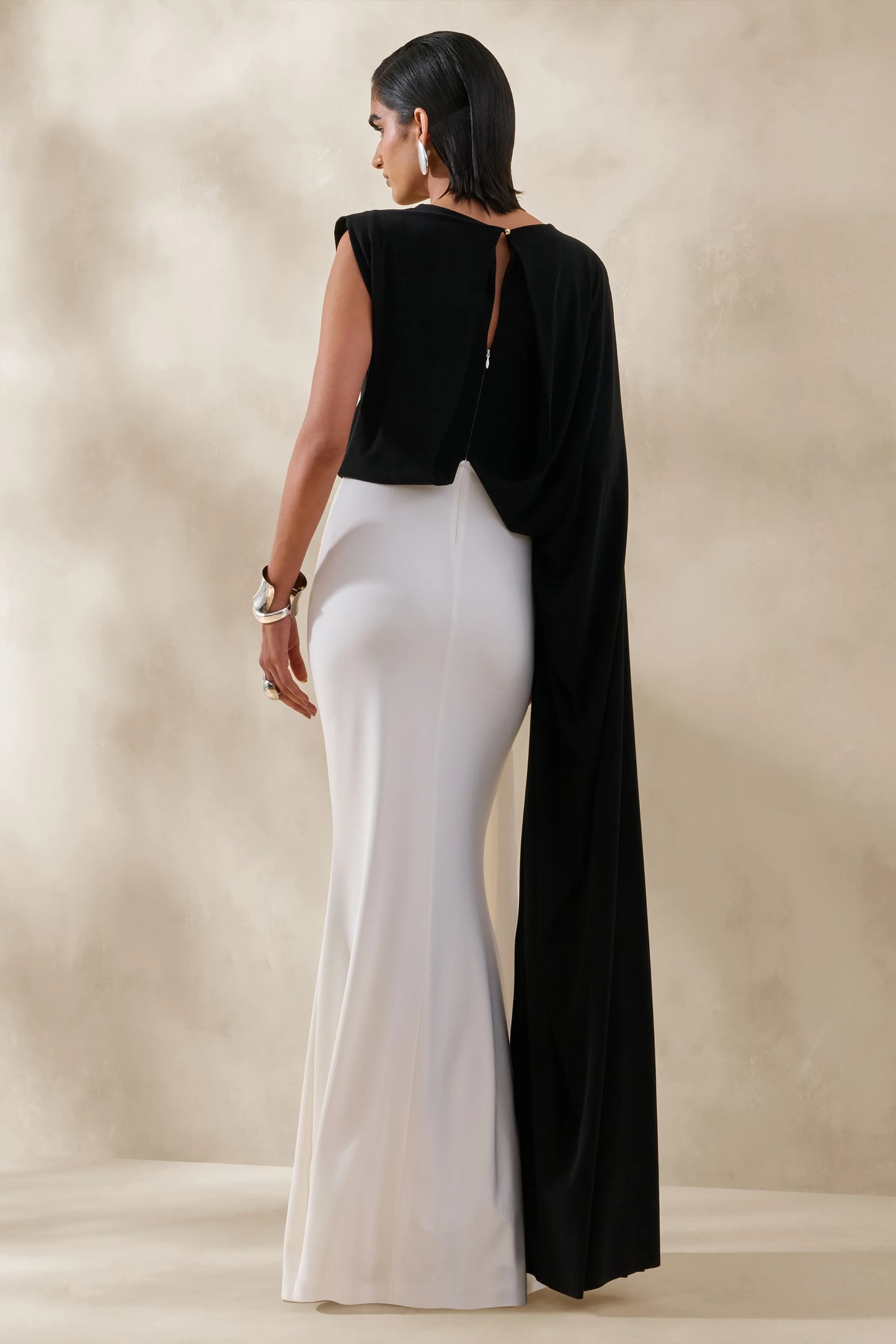 Carenza Black & White Wide-Neck Maxi Dress With Cape-Sleeve