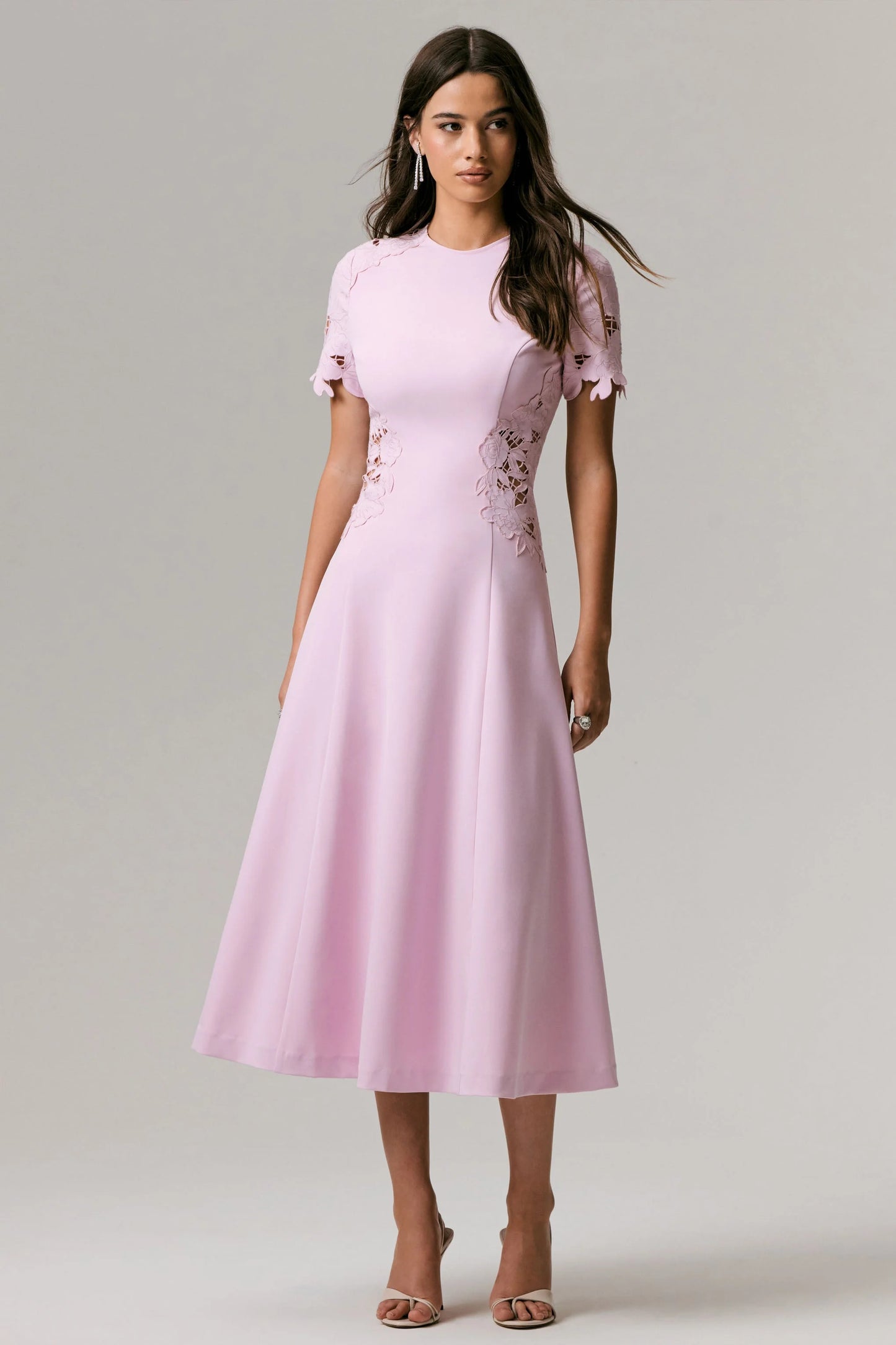 So Sweet Pink Crew-Neck Midi Dress With Cut-Out Embroidered Detailing