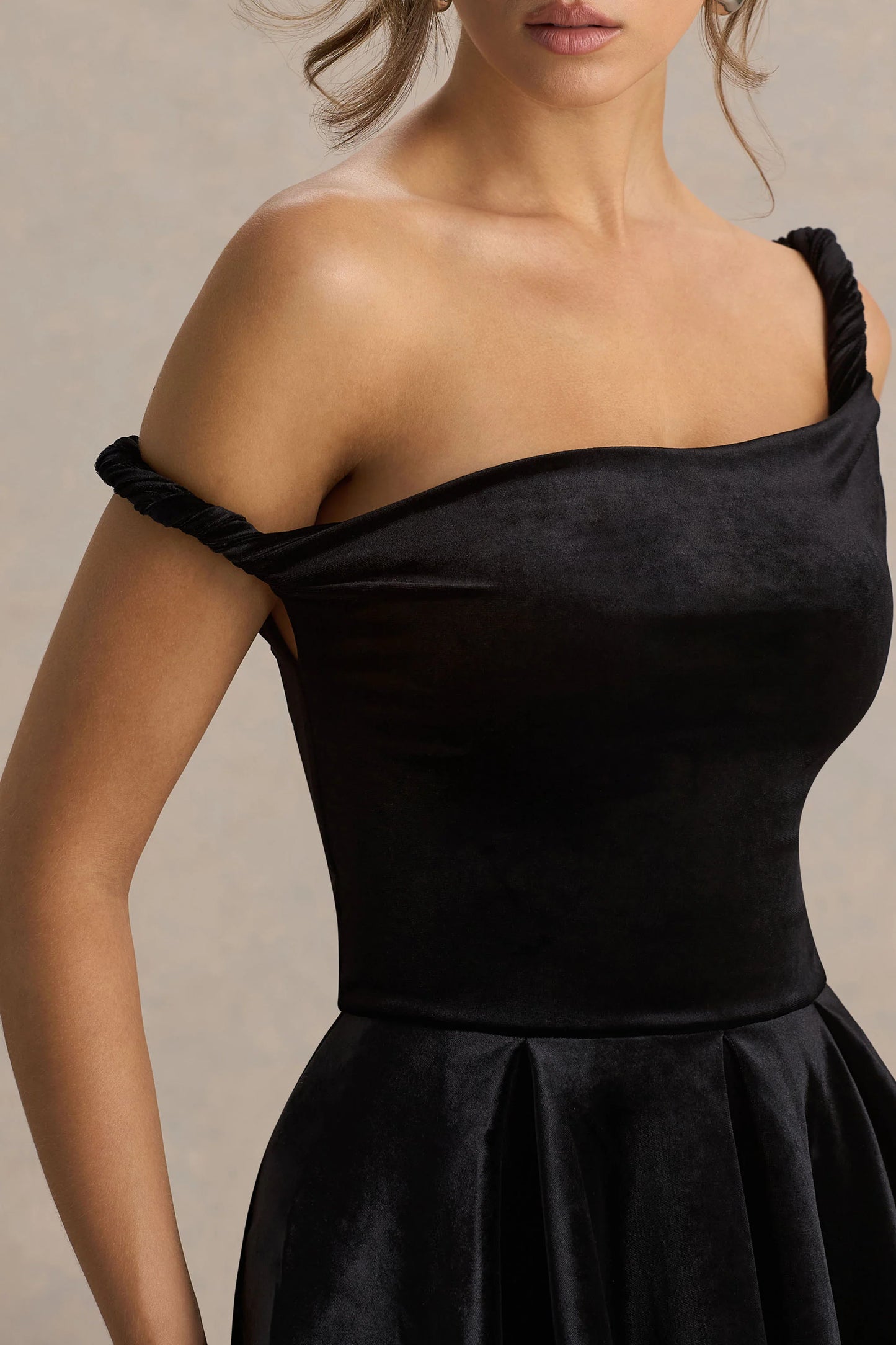 Leticia Black Asymmetric-Neck Velvet Mini Dress With Twist-Sleeve