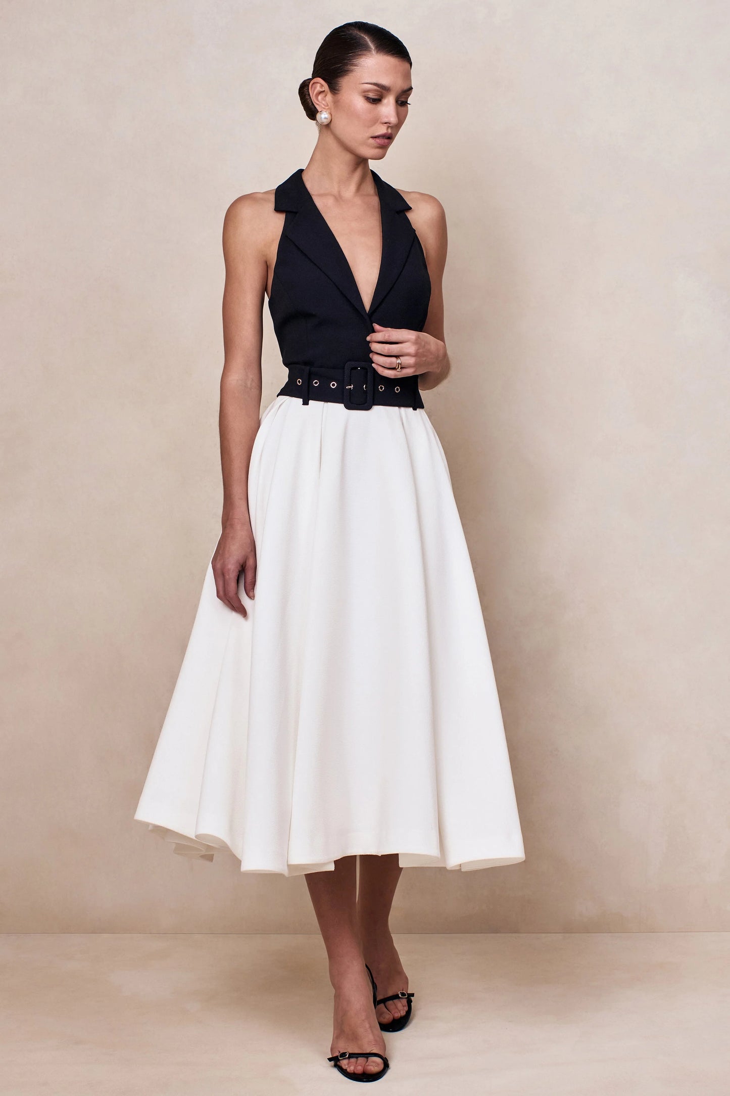 Alessa Black & White Plunge-Neck Tailored Midi Dress