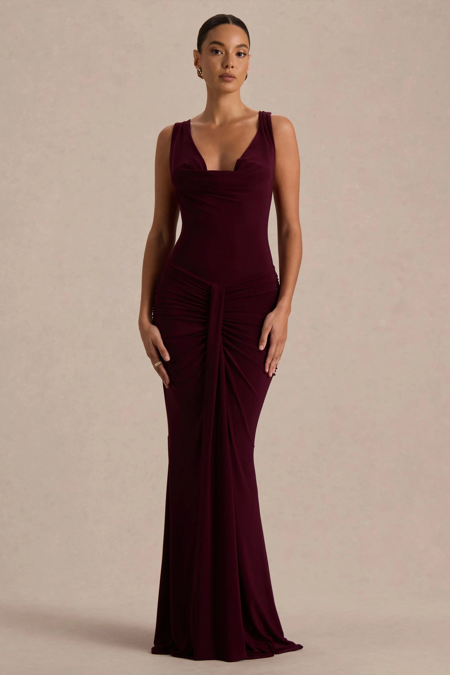 Mallie Burgundy Cowl-Neck Maxi Dress With Open-Back And Gathered-Detailing
