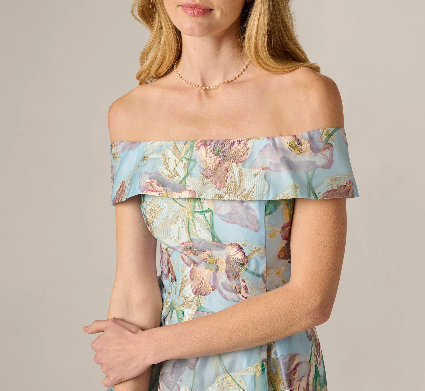 Off Shoulder Watercolor Floral Jacquard Ankle Dress In Blue Multi
