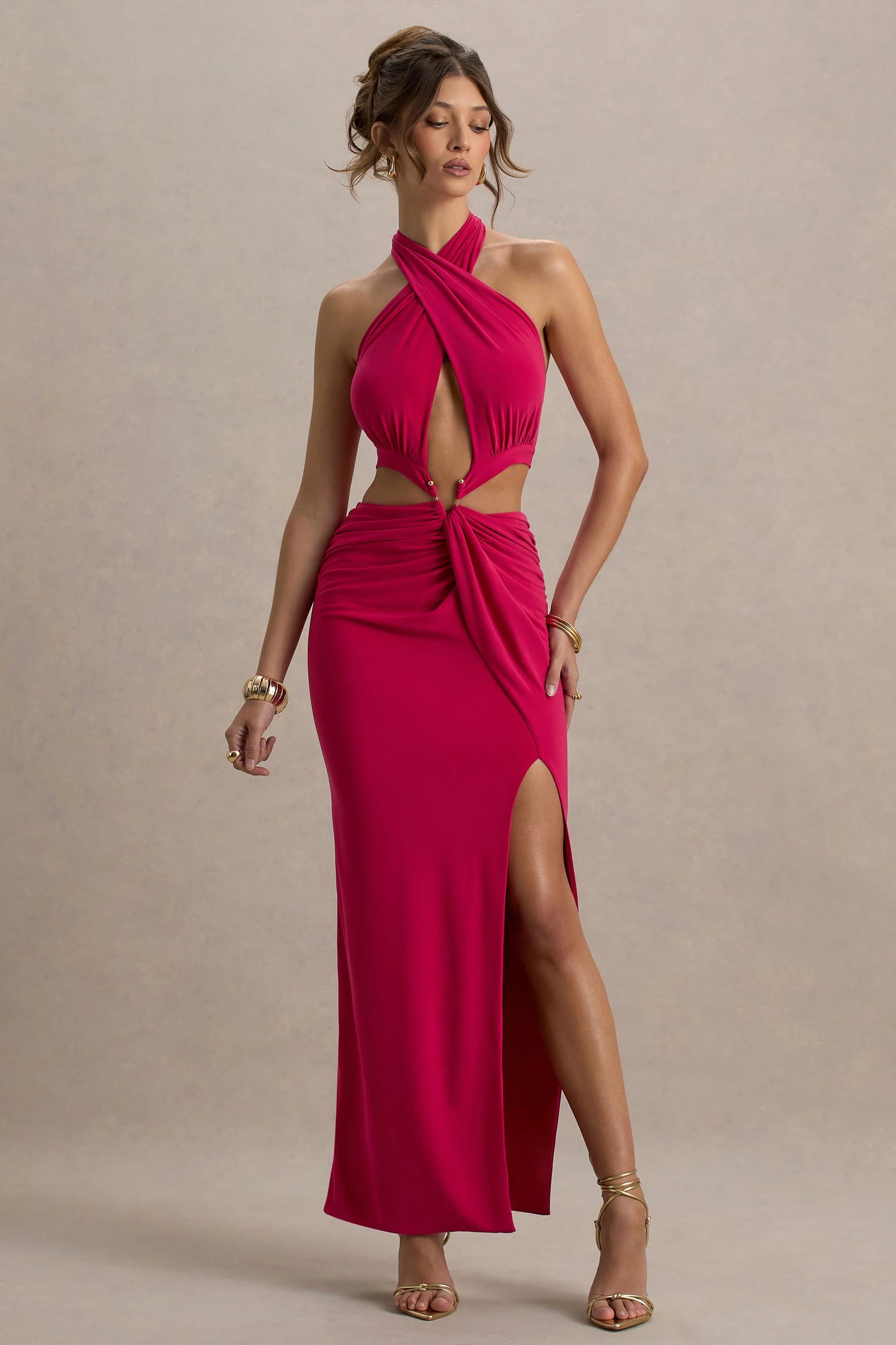 Aura Hot Pink Halter-Neck Cut-Out Split Maxi Dress